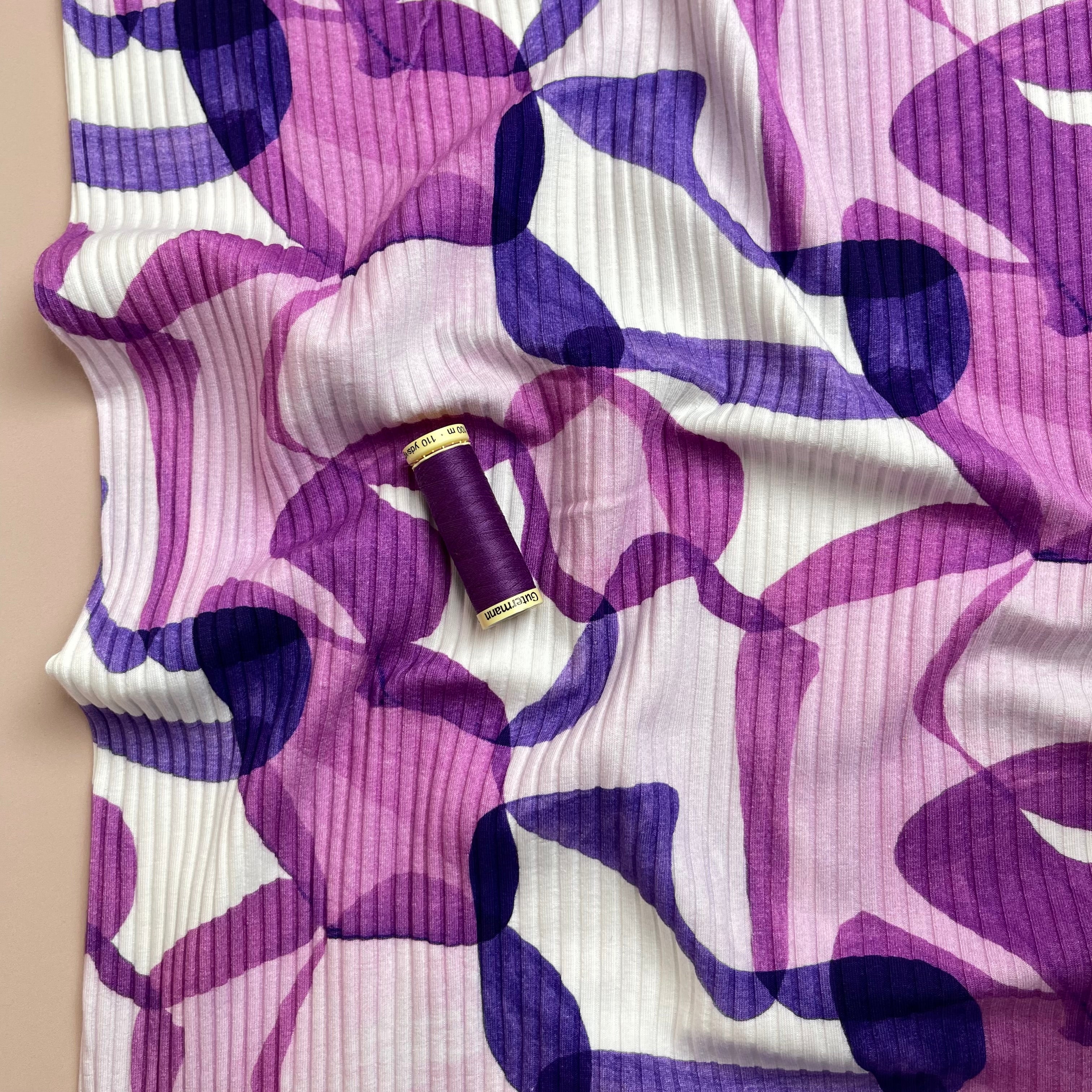 REMNANT 0.95 Metre - Abstract Shapes Purple Cotton Ribbed Jersey