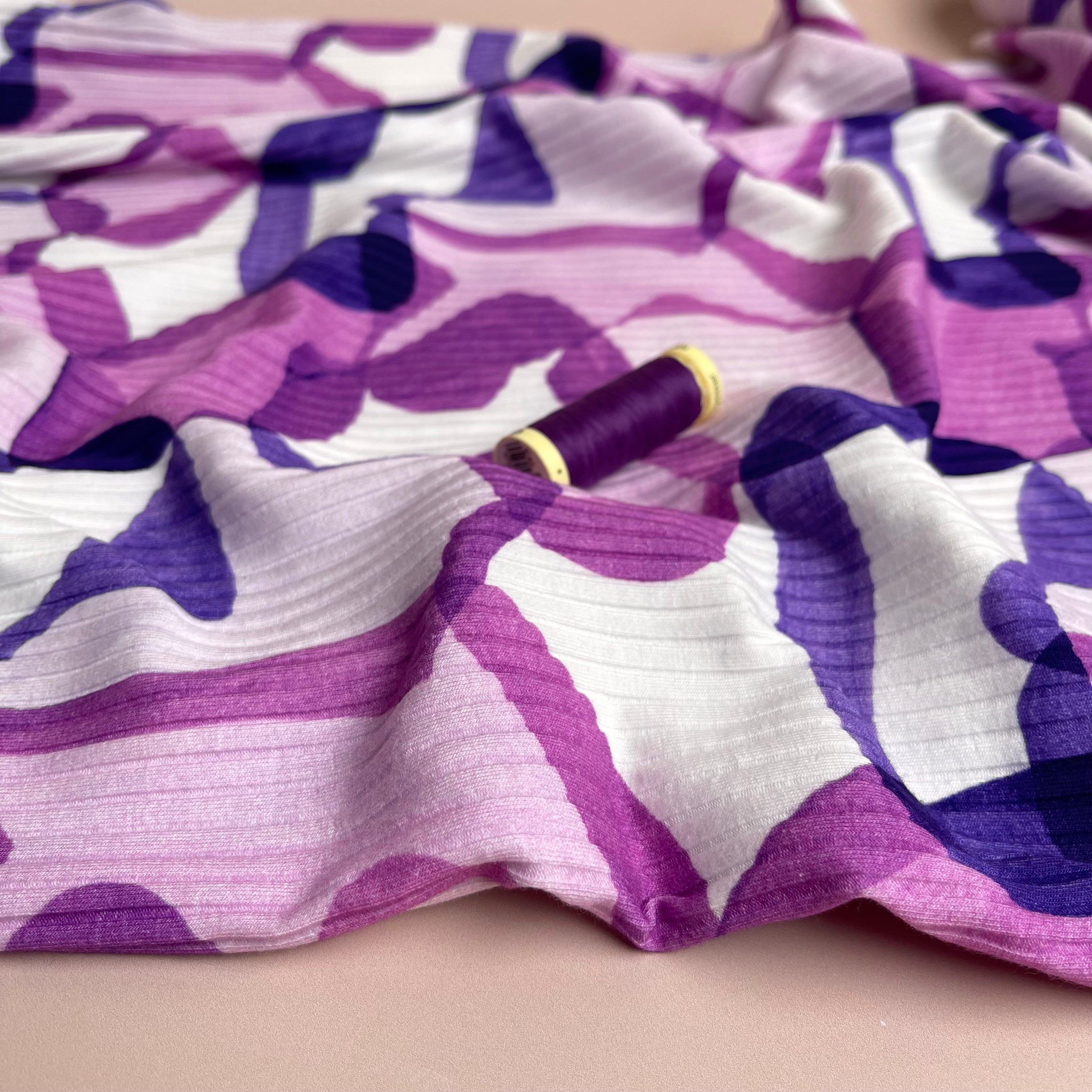 REMNANT 0.95 Metre - Abstract Shapes Purple Cotton Ribbed Jersey