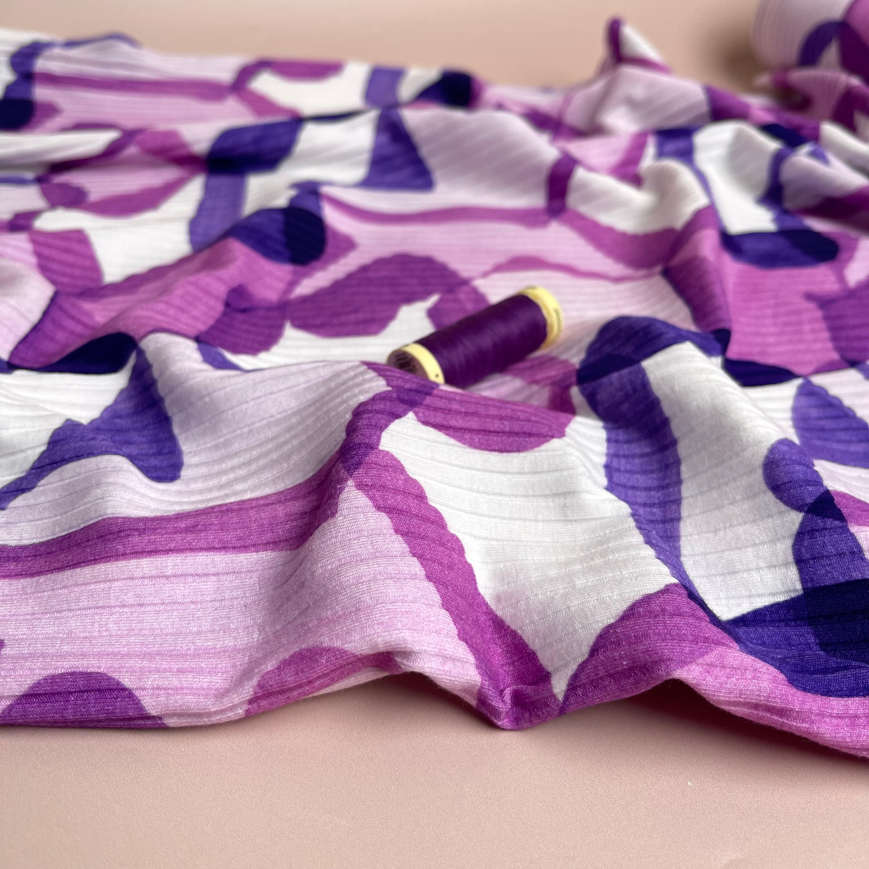 REMNANT 0.95 Metre - Abstract Shapes Purple Cotton Ribbed Jersey