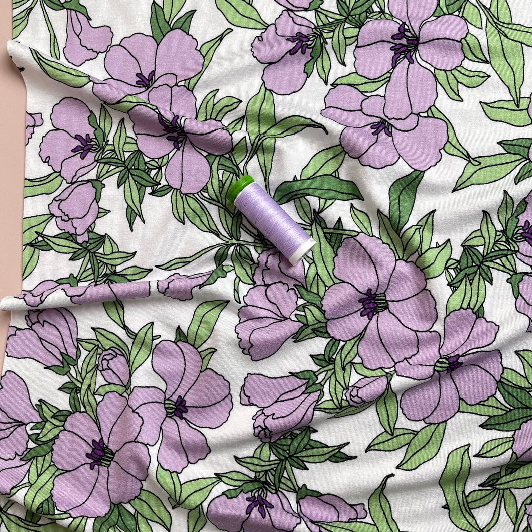 REMNANT 3.07 Metres - Lilies Lilac Viscose Jersey Fabric