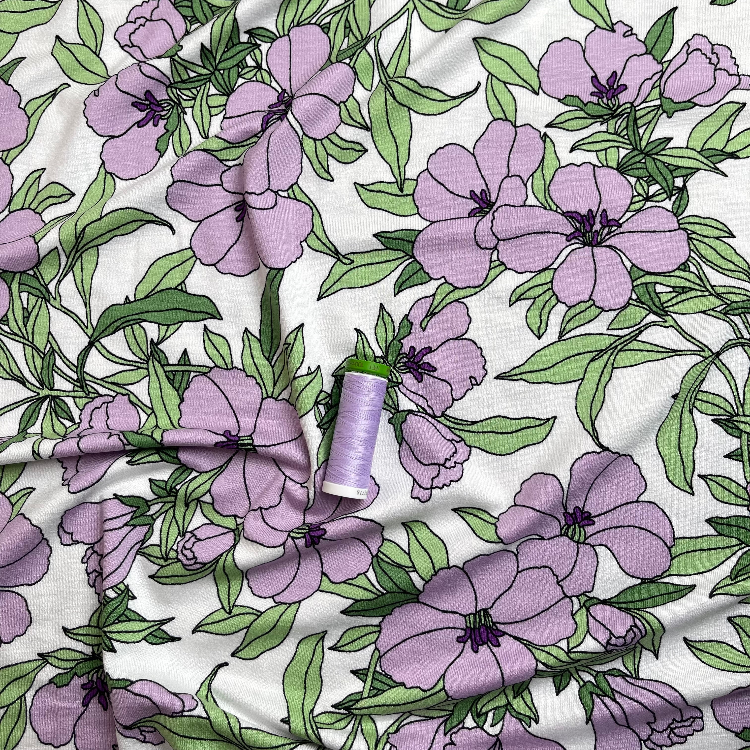 REMNANT 3.07 Metres - Lilies Lilac Viscose Jersey Fabric