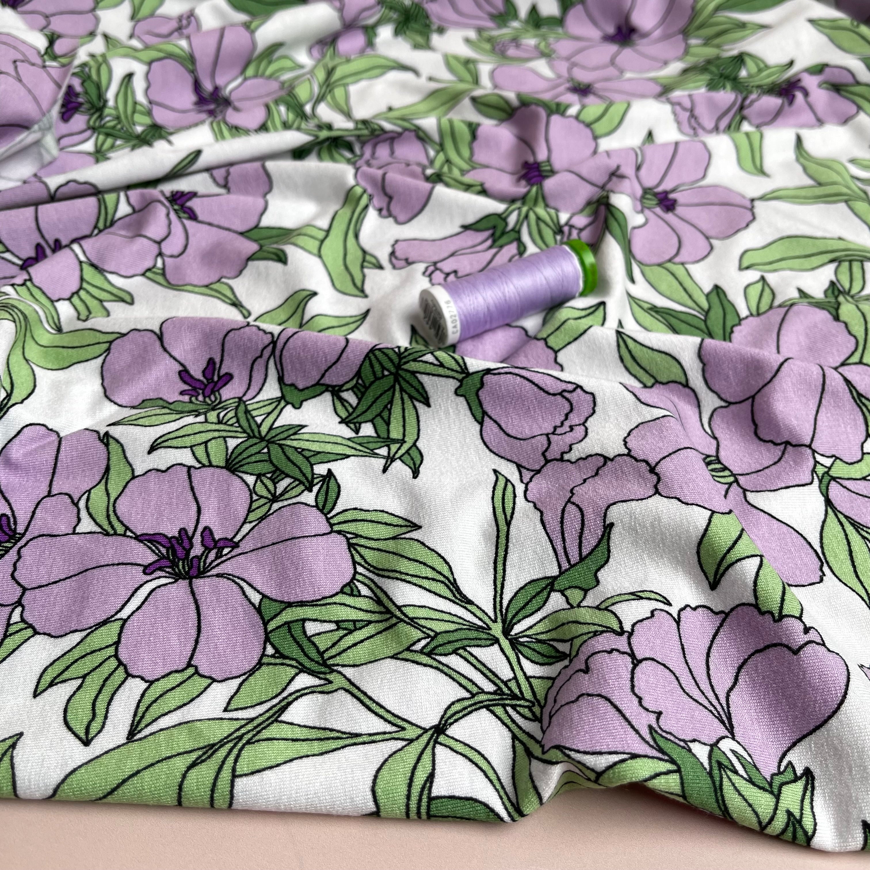 REMNANT 3.07 Metres - Lilies Lilac Viscose Jersey Fabric