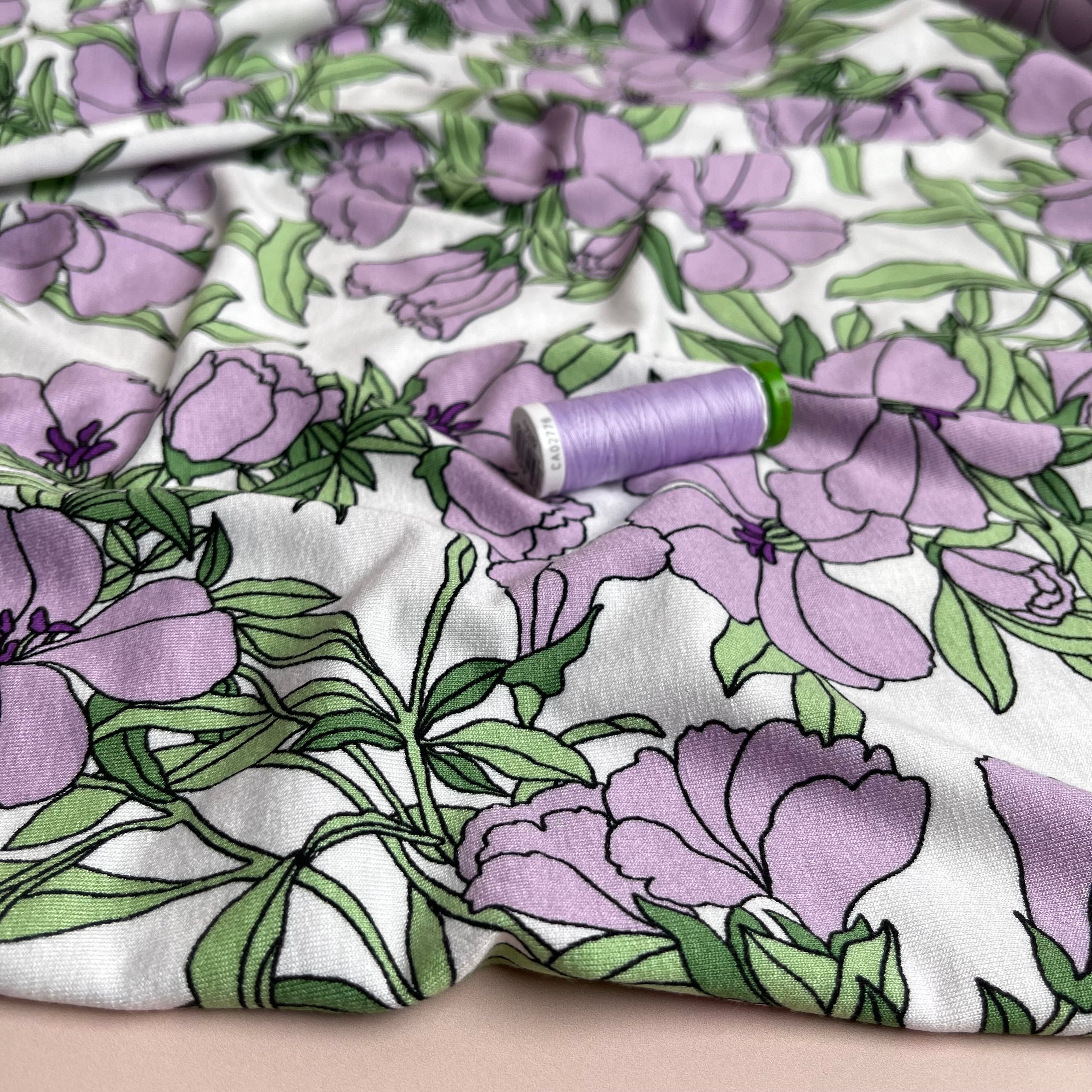 REMNANT 3.07 Metres - Lilies Lilac Viscose Jersey Fabric