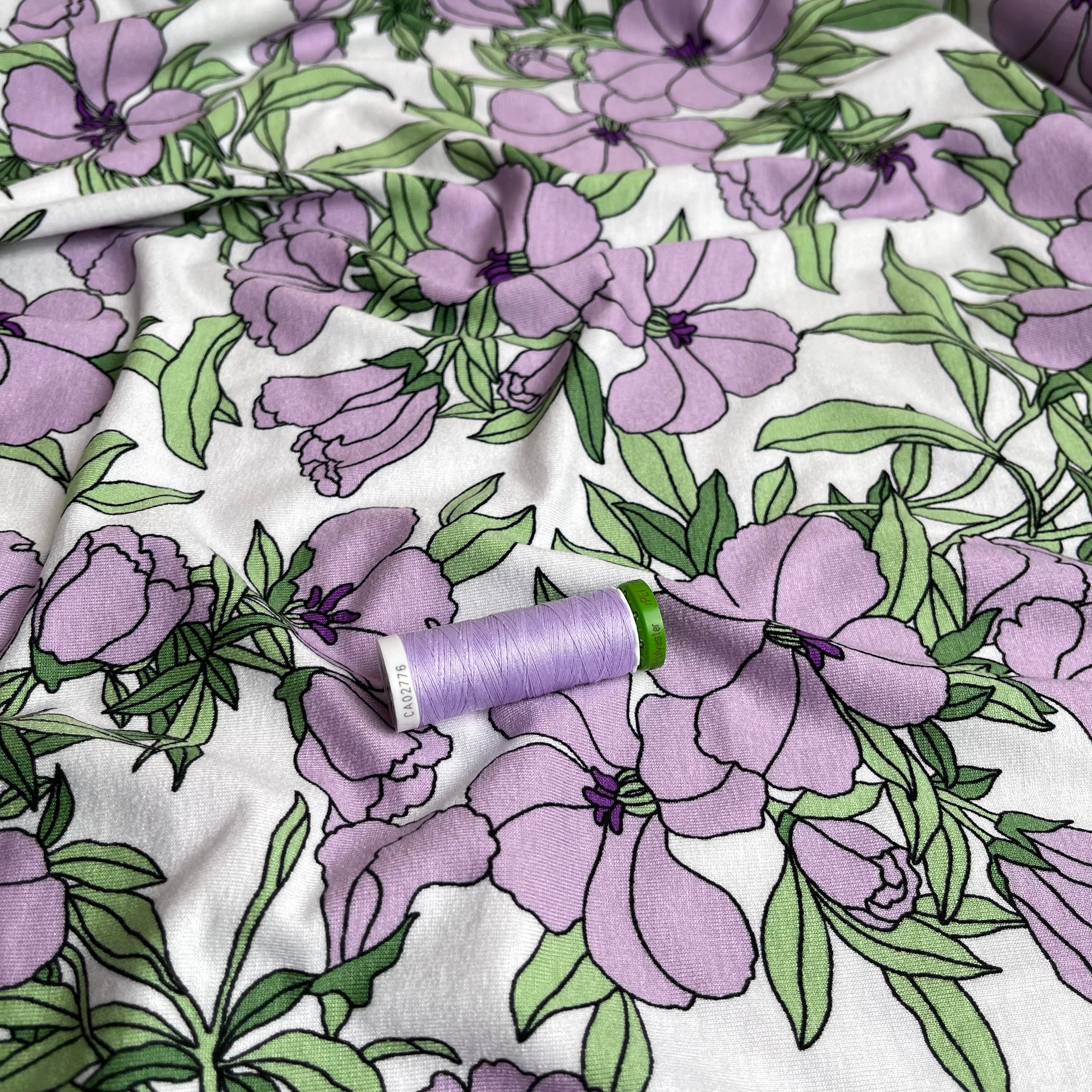 REMNANT 3.07 Metres - Lilies Lilac Viscose Jersey Fabric