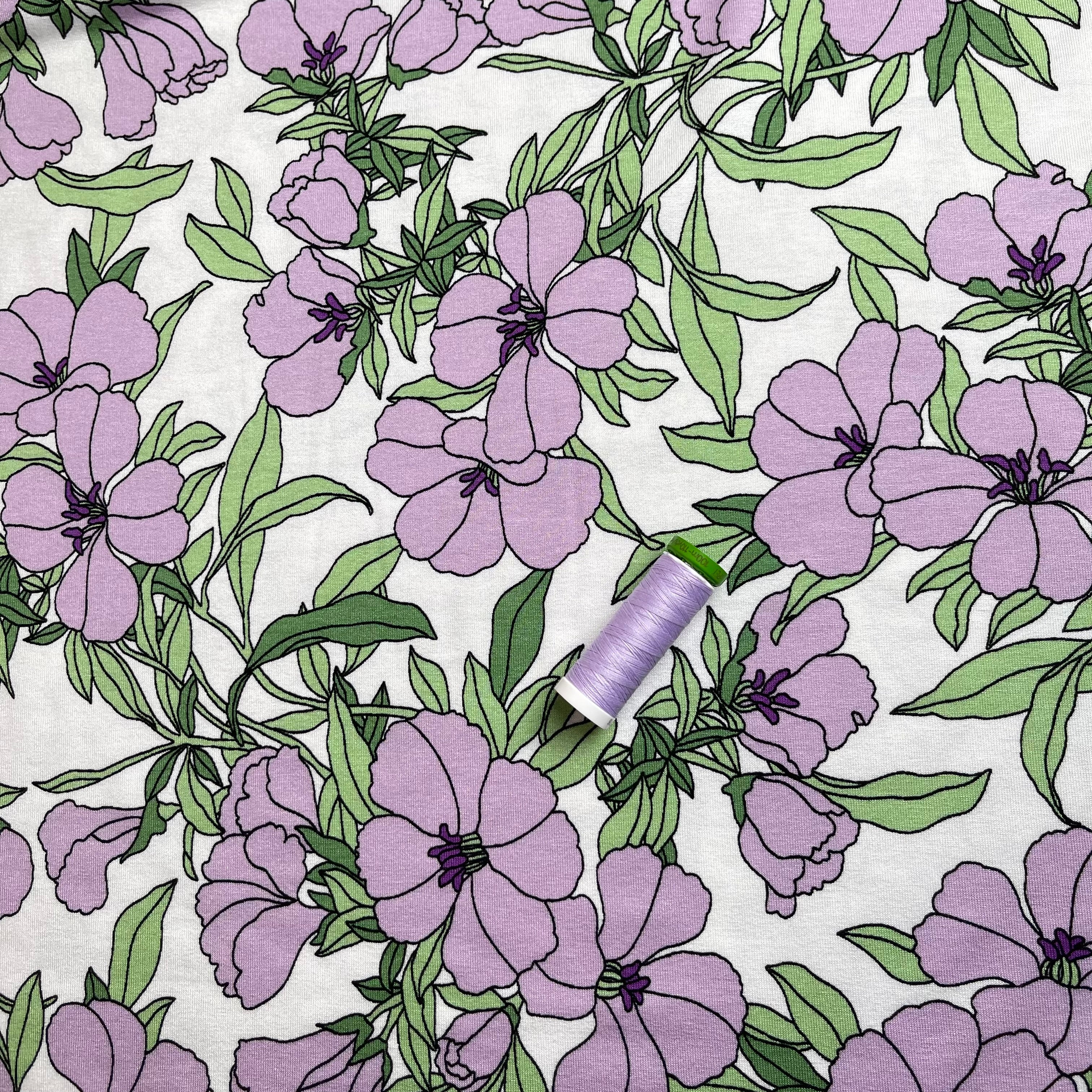 REMNANT 3.07 Metres - Lilies Lilac Viscose Jersey Fabric