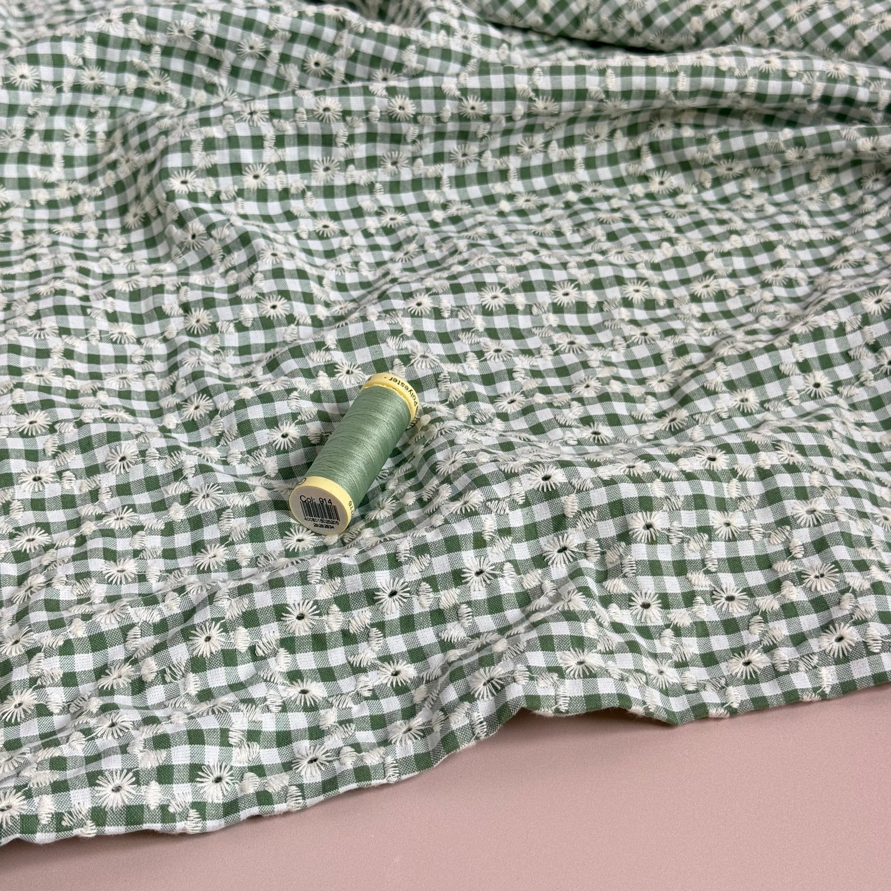 Embroidered Flowers on Sage Green Gingham Fabric