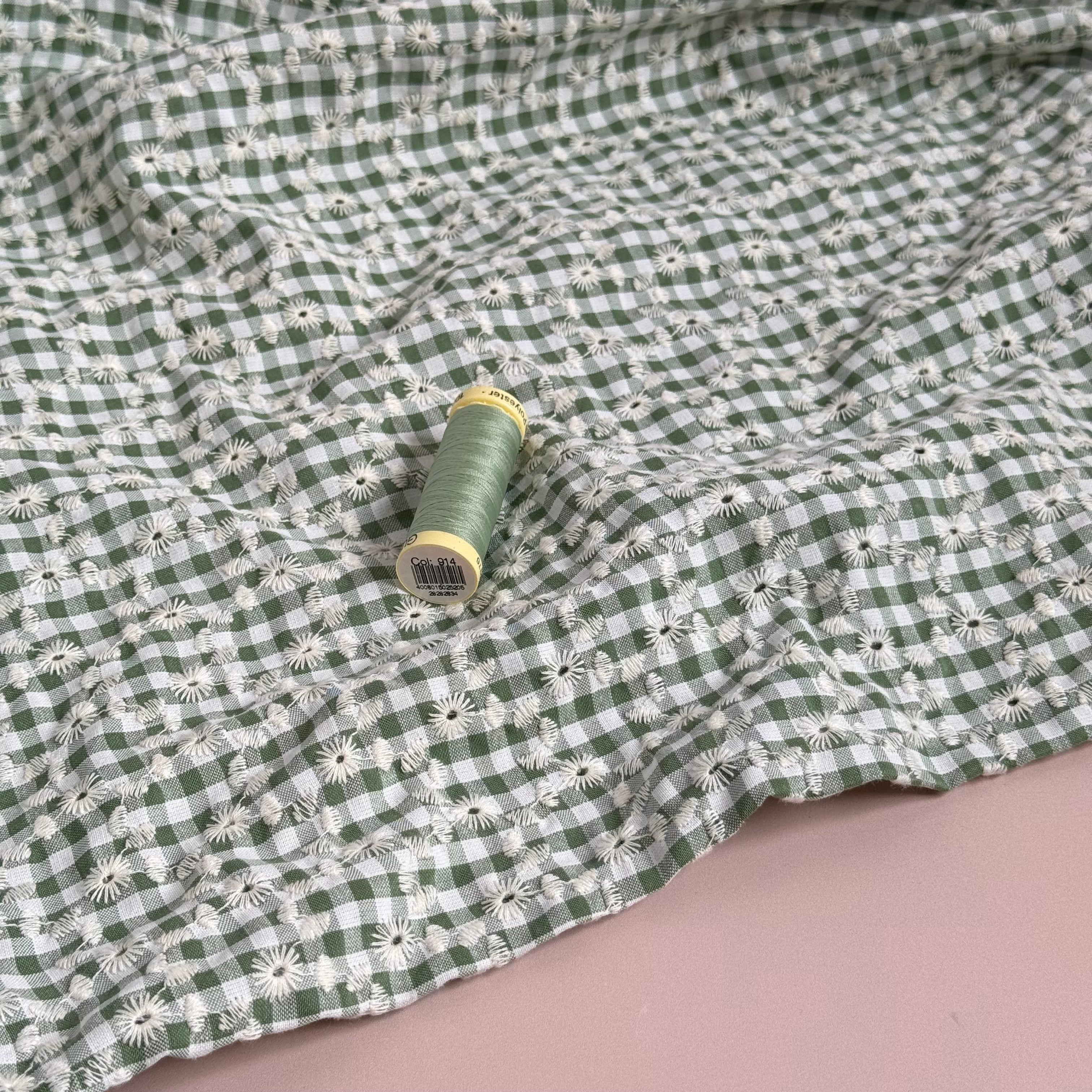 Embroidered Flowers on Sage Green Gingham Fabric