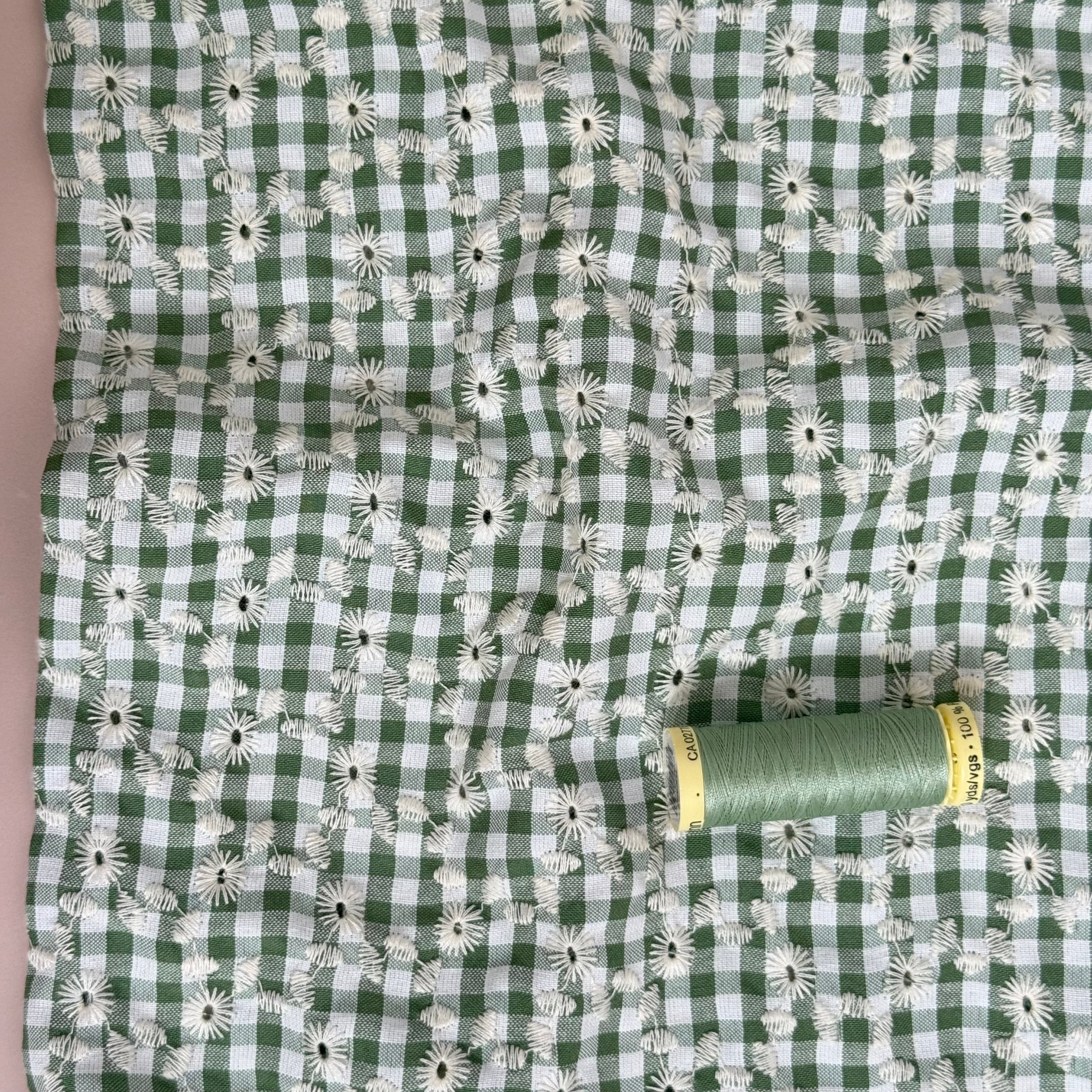 Embroidered Flowers on Sage Green Gingham Fabric