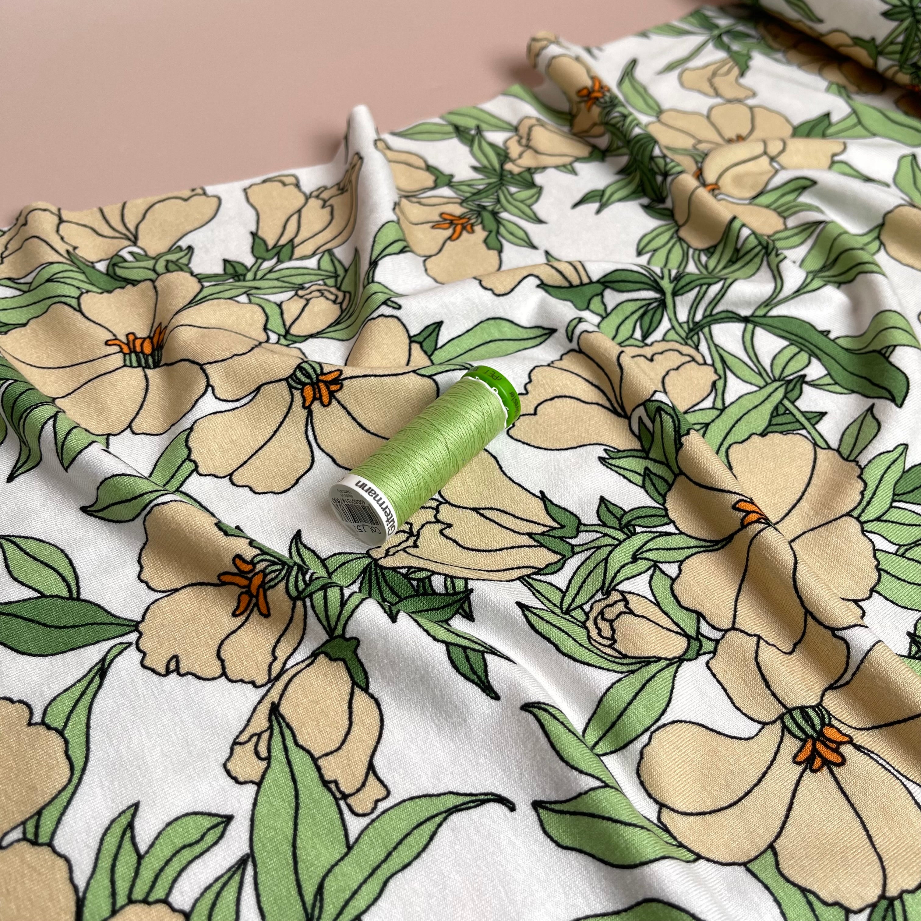 Lilies Peach Viscose Jersey Fabric