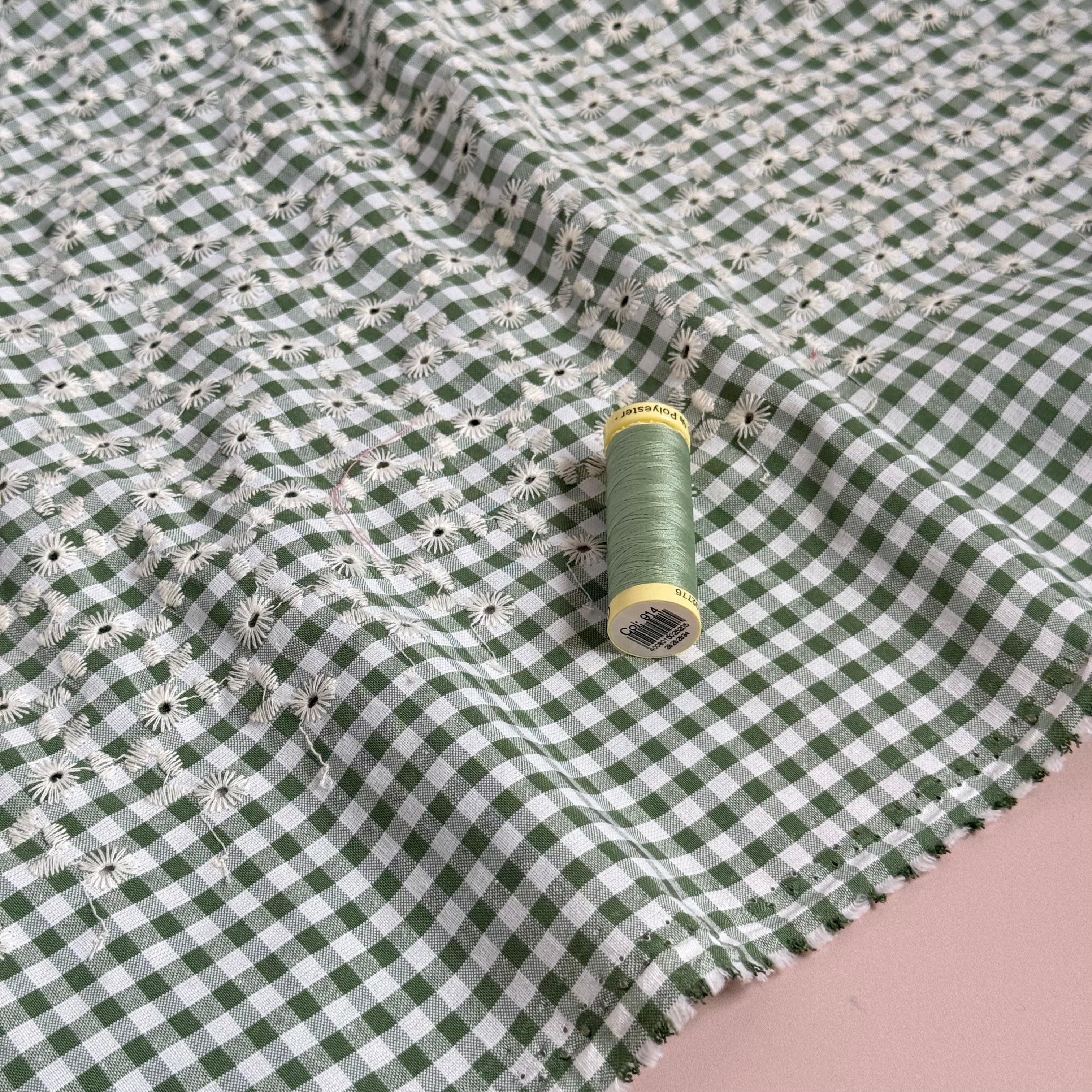 Embroidered Flowers on Sage Green Gingham Fabric