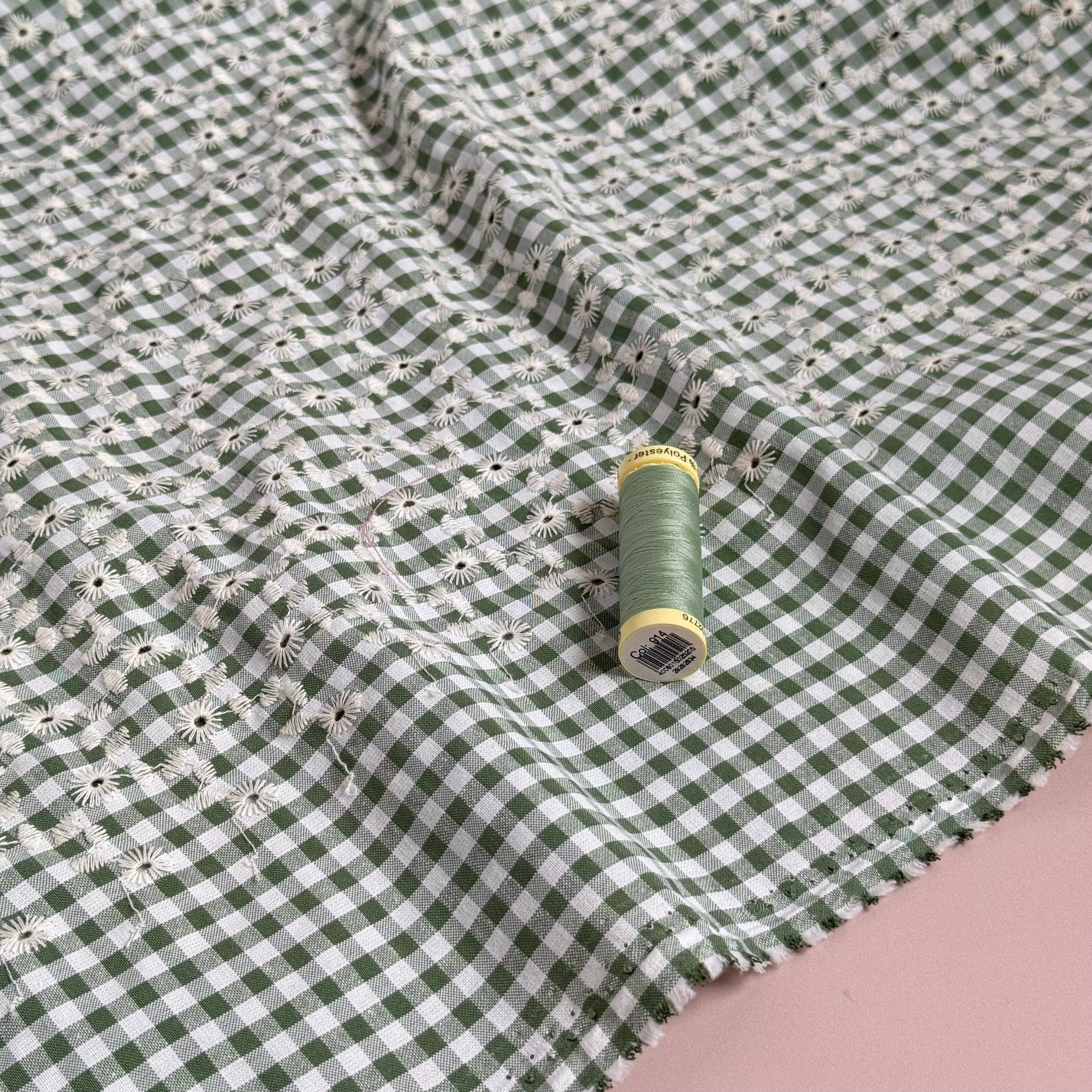 Embroidered Flowers on Sage Green Gingham Fabric