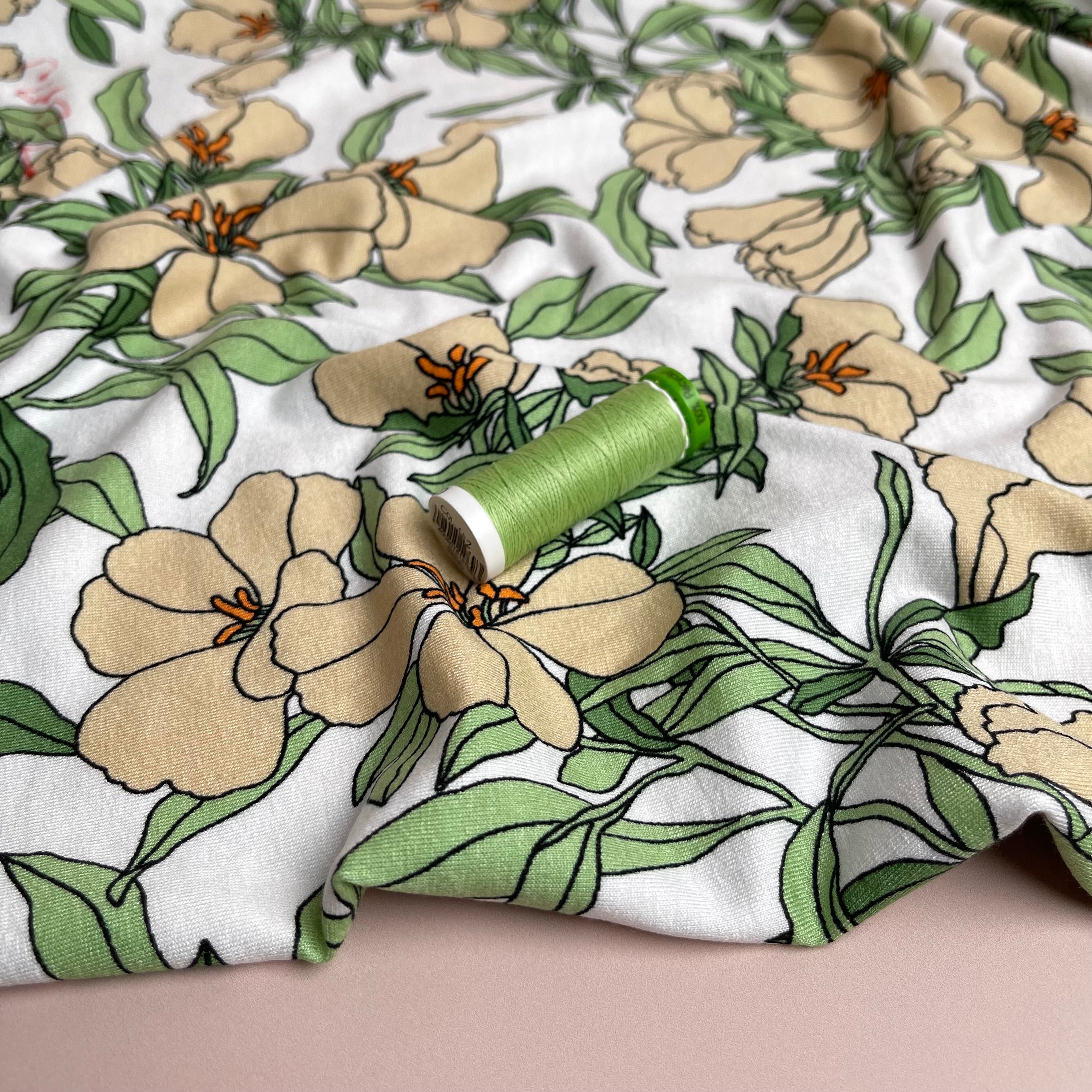 Lilies Peach Viscose Jersey Fabric