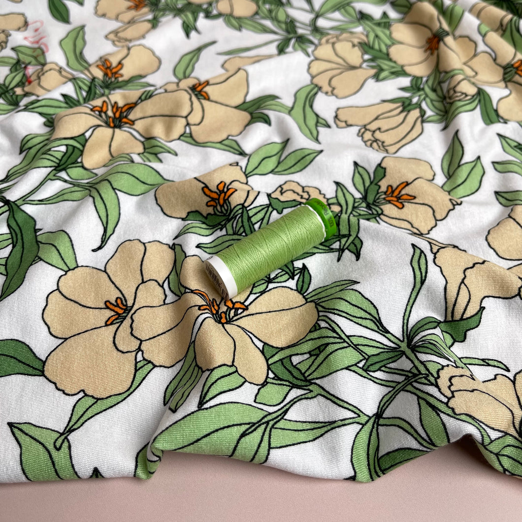 Lilies Peach Viscose Jersey Fabric