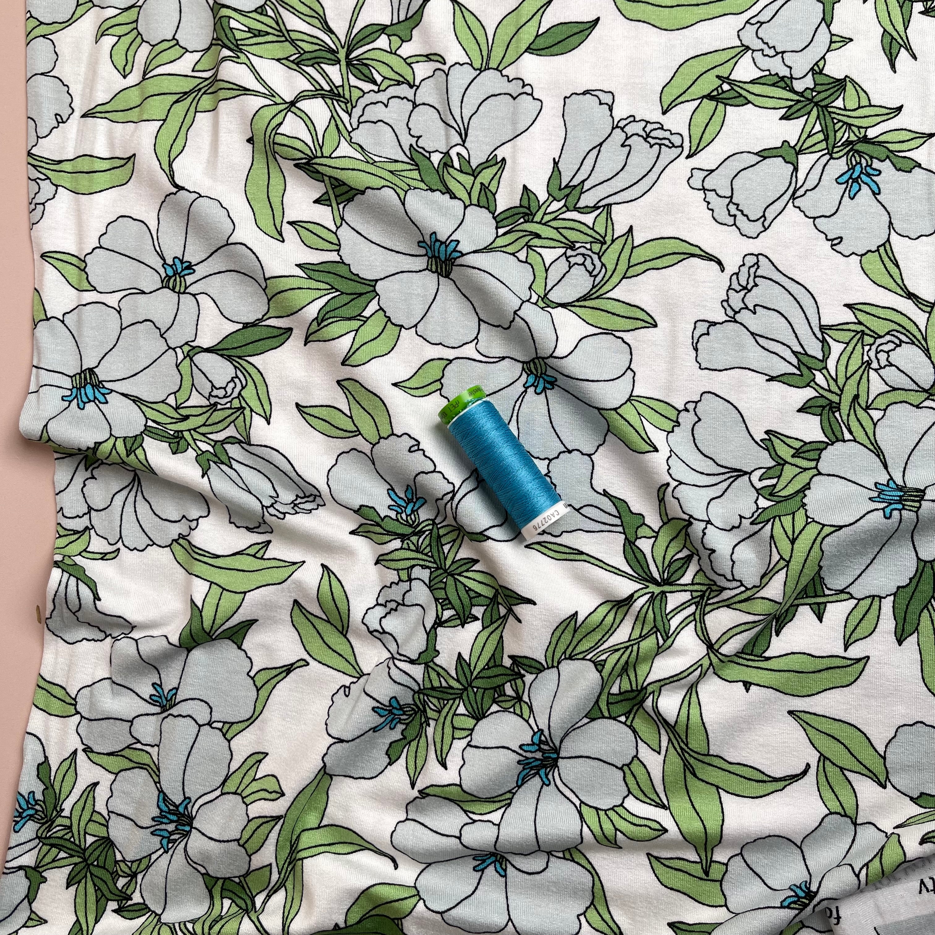 Lilies Aqua Viscose Jersey Fabric