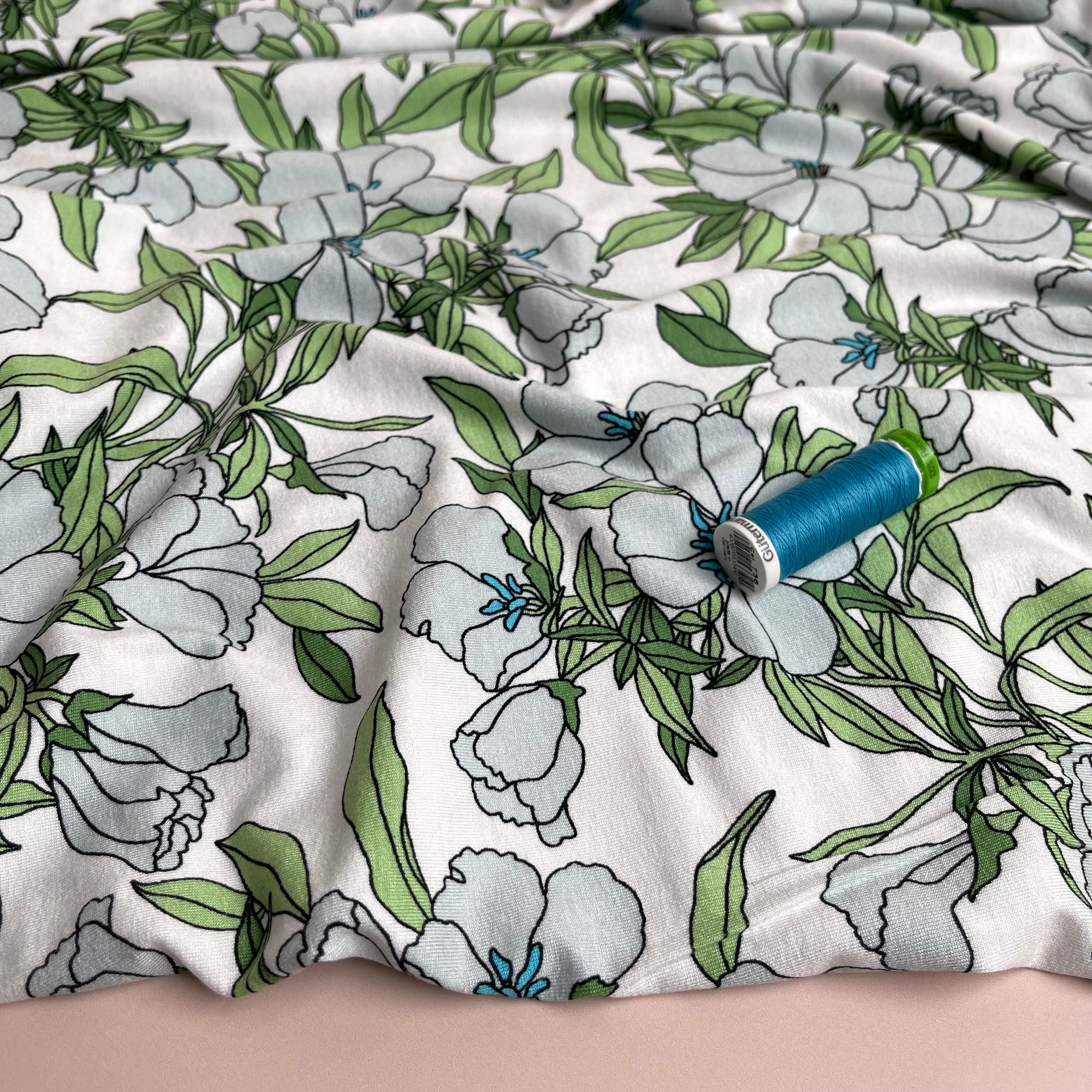 Lilies Aqua Viscose Jersey Fabric