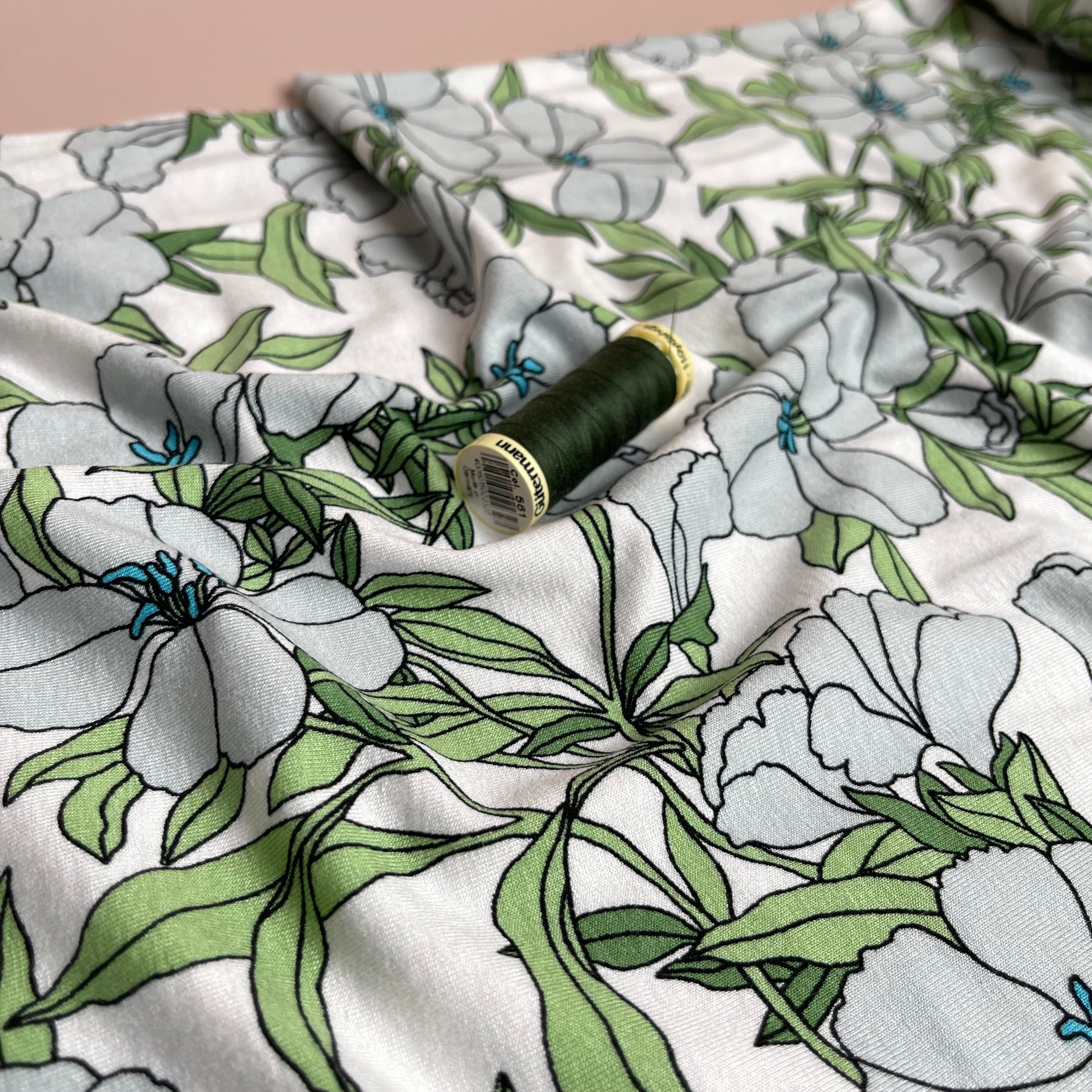 Lilies Aqua Viscose Jersey Fabric