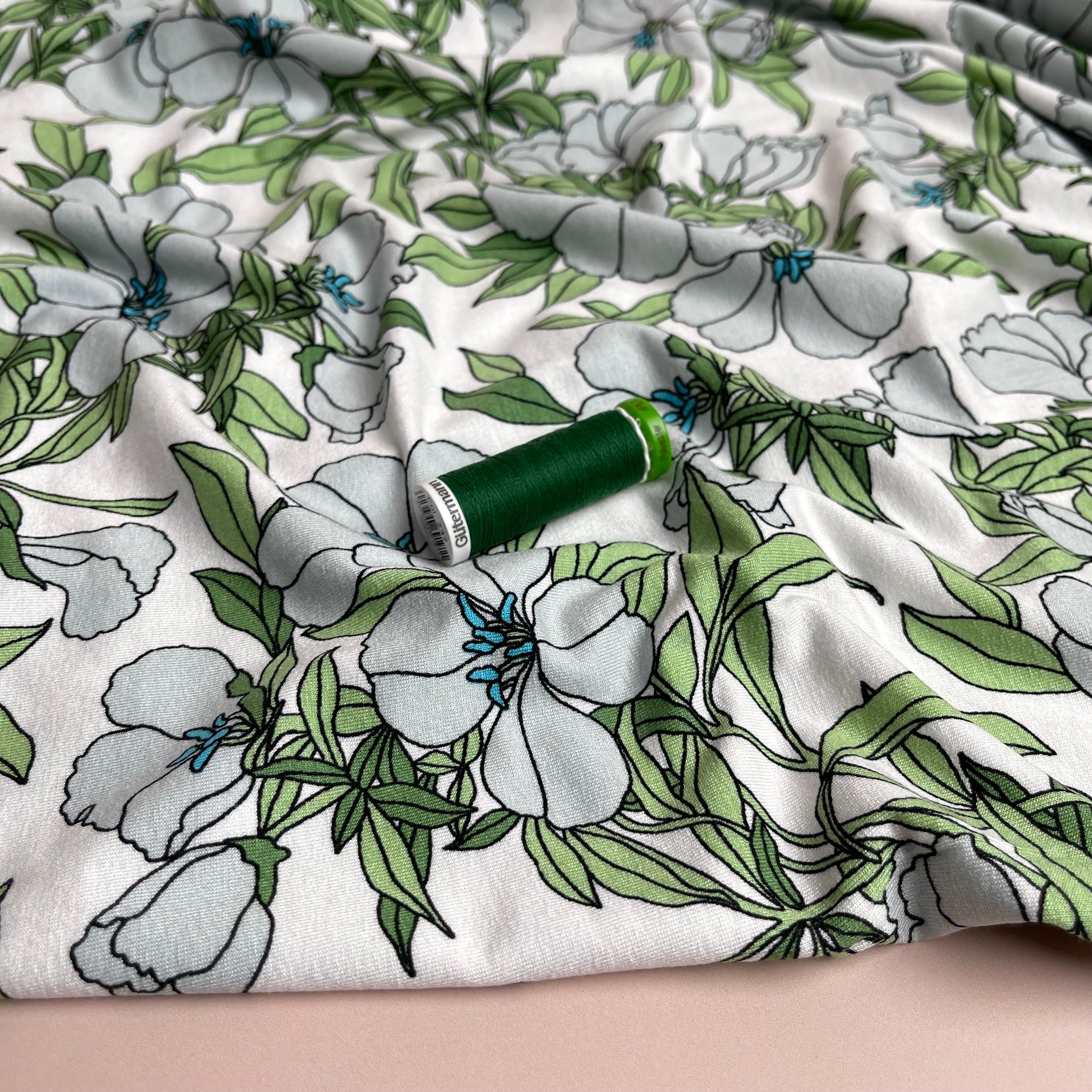 Lilies Aqua Viscose Jersey Fabric