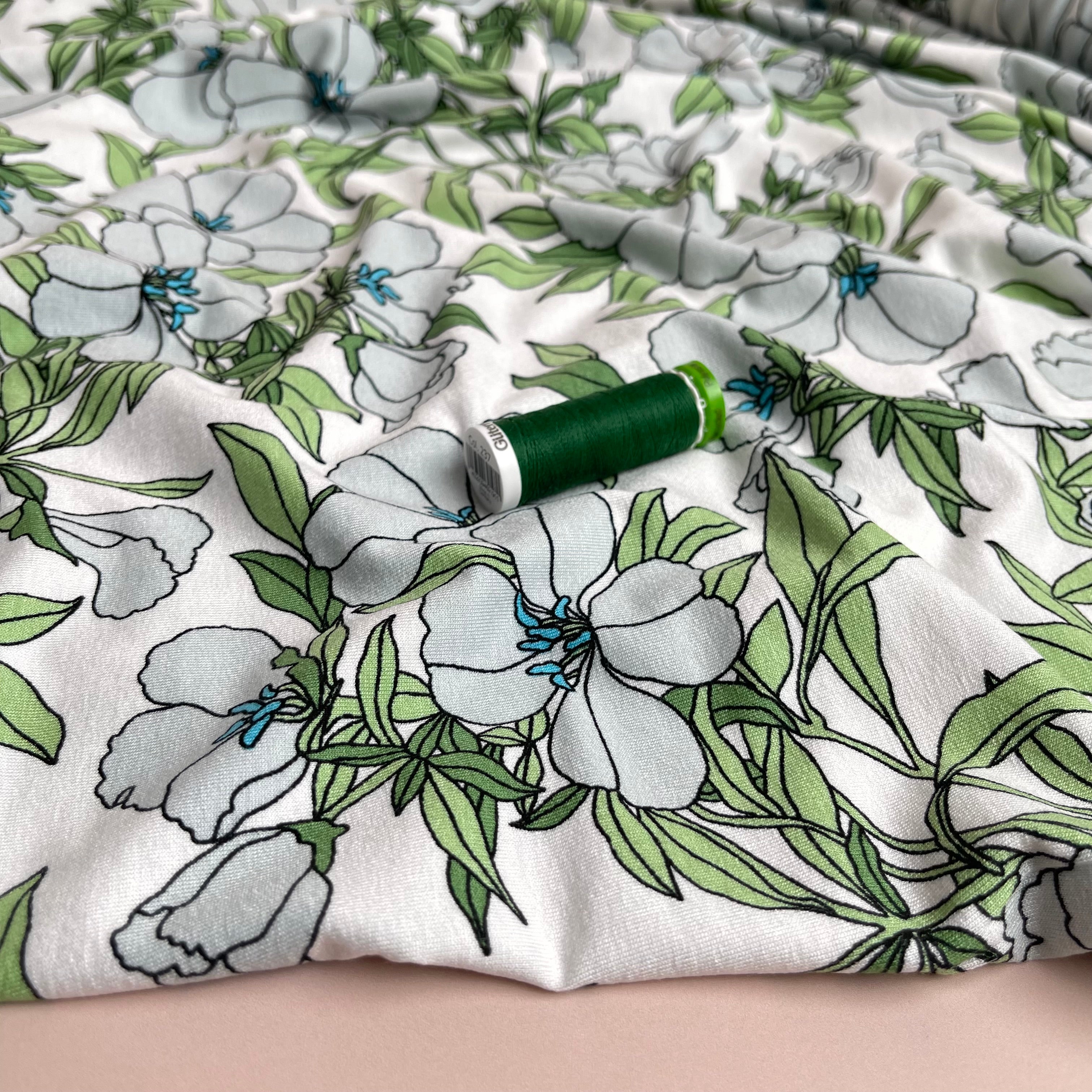 Lilies Aqua Viscose Jersey Fabric