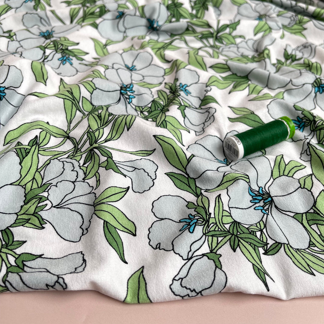 Lilies Aqua Viscose Jersey Fabric