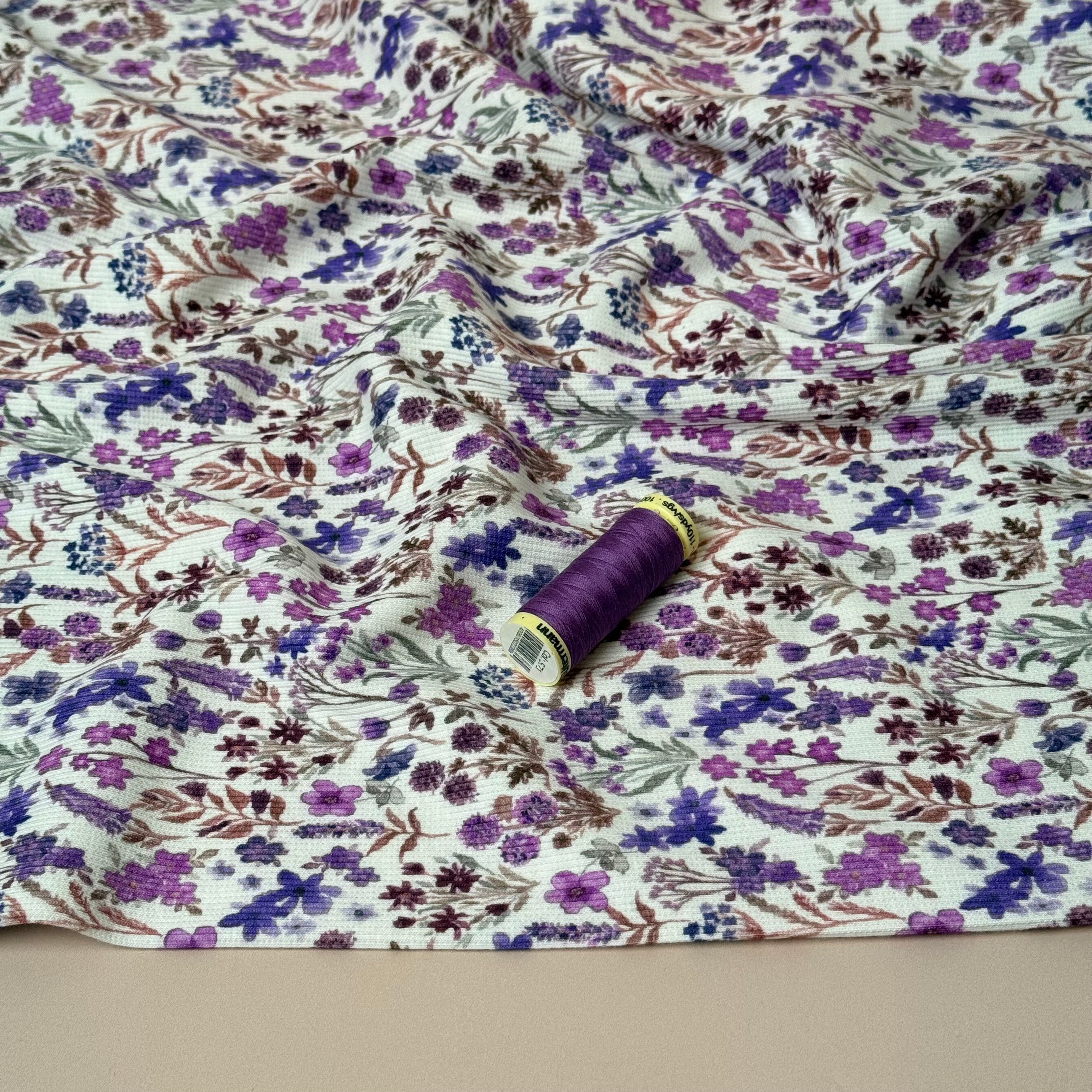 Purple Meadow Flowers Cotton Ribbed Jersey
