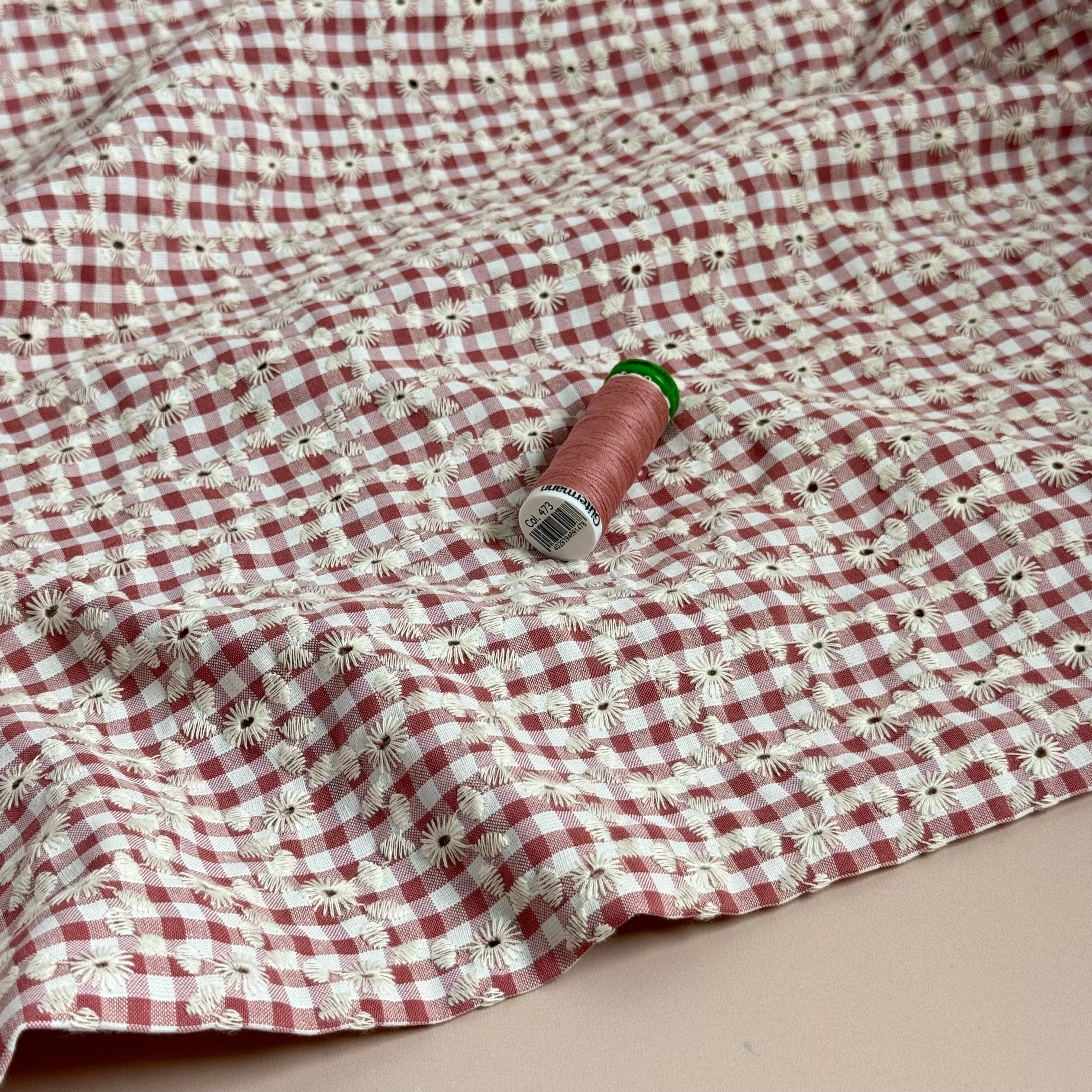 Embroidered Flowers on Pink and White Gingham Fabric