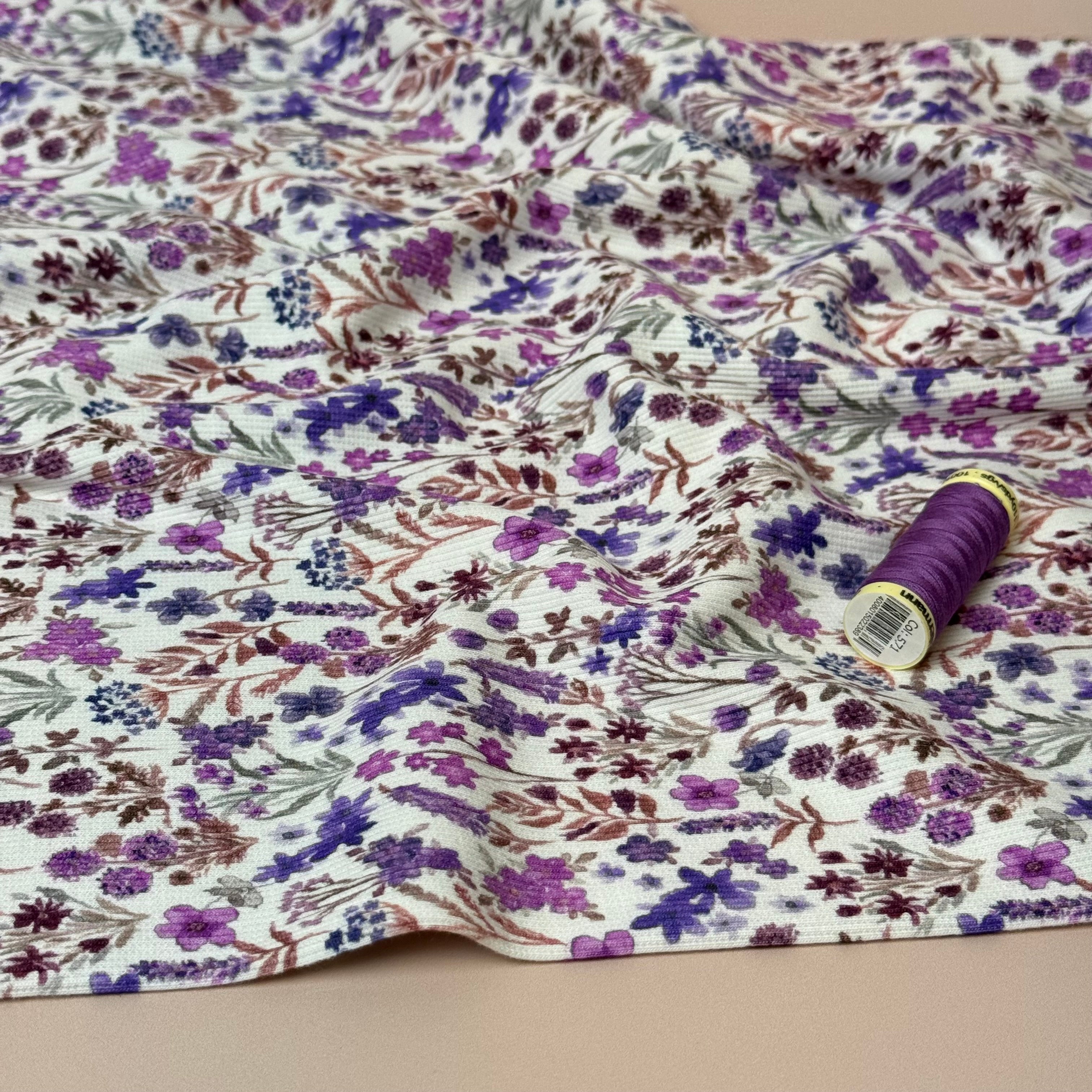 Purple Meadow Flowers Cotton Ribbed Jersey