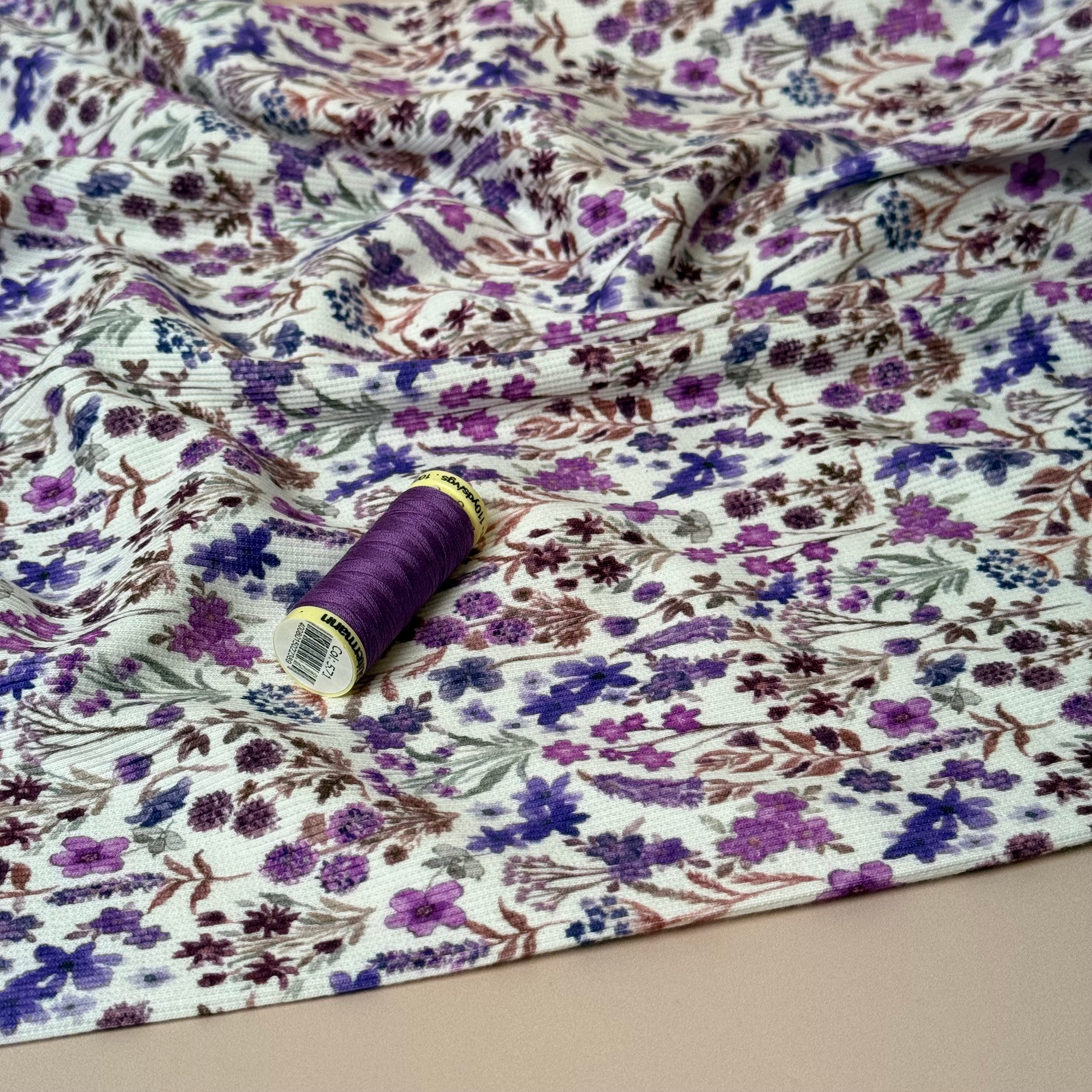 Purple Meadow Flowers Cotton Ribbed Jersey
