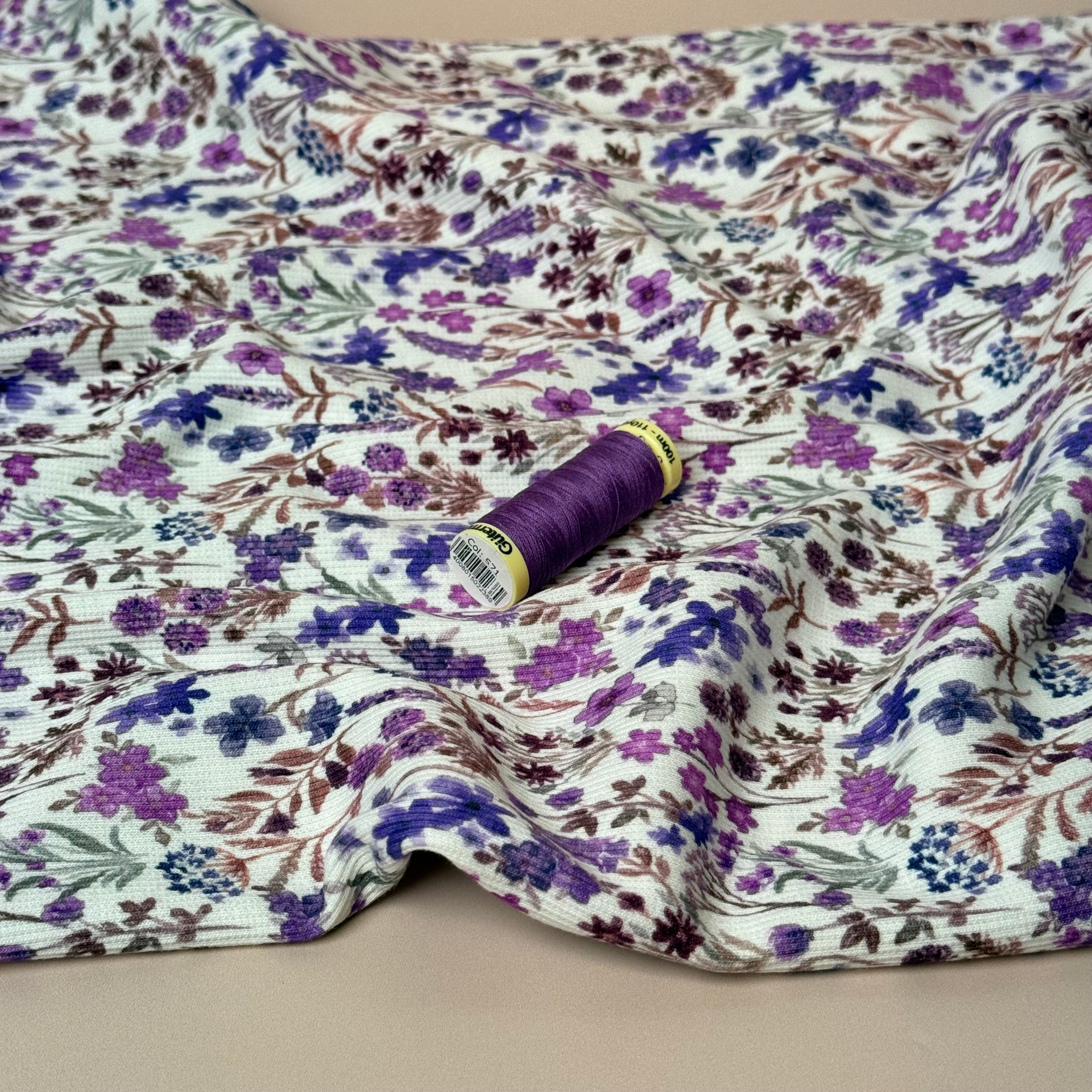 Purple Meadow Flowers Cotton Ribbed Jersey
