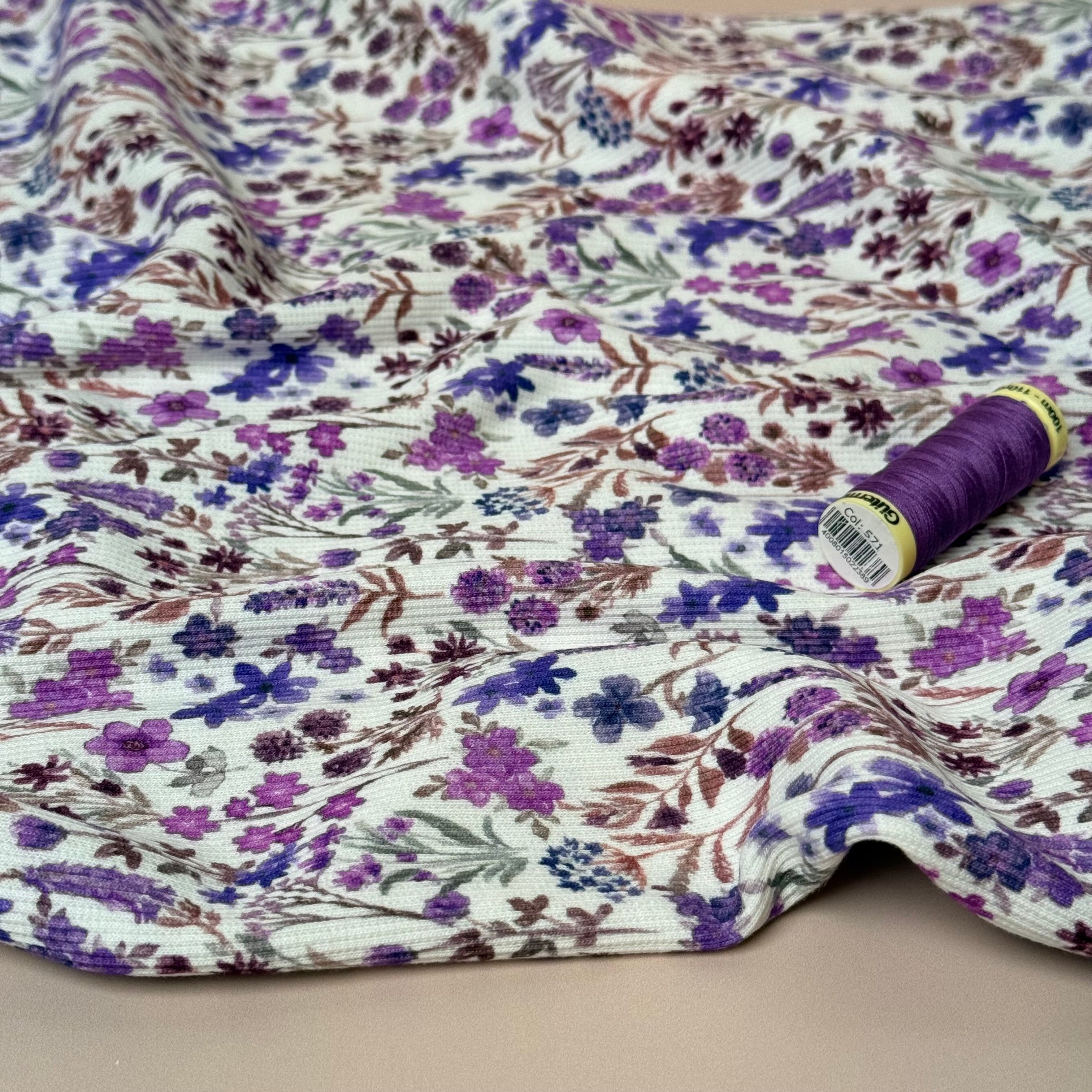 Purple Meadow Flowers Cotton Ribbed Jersey