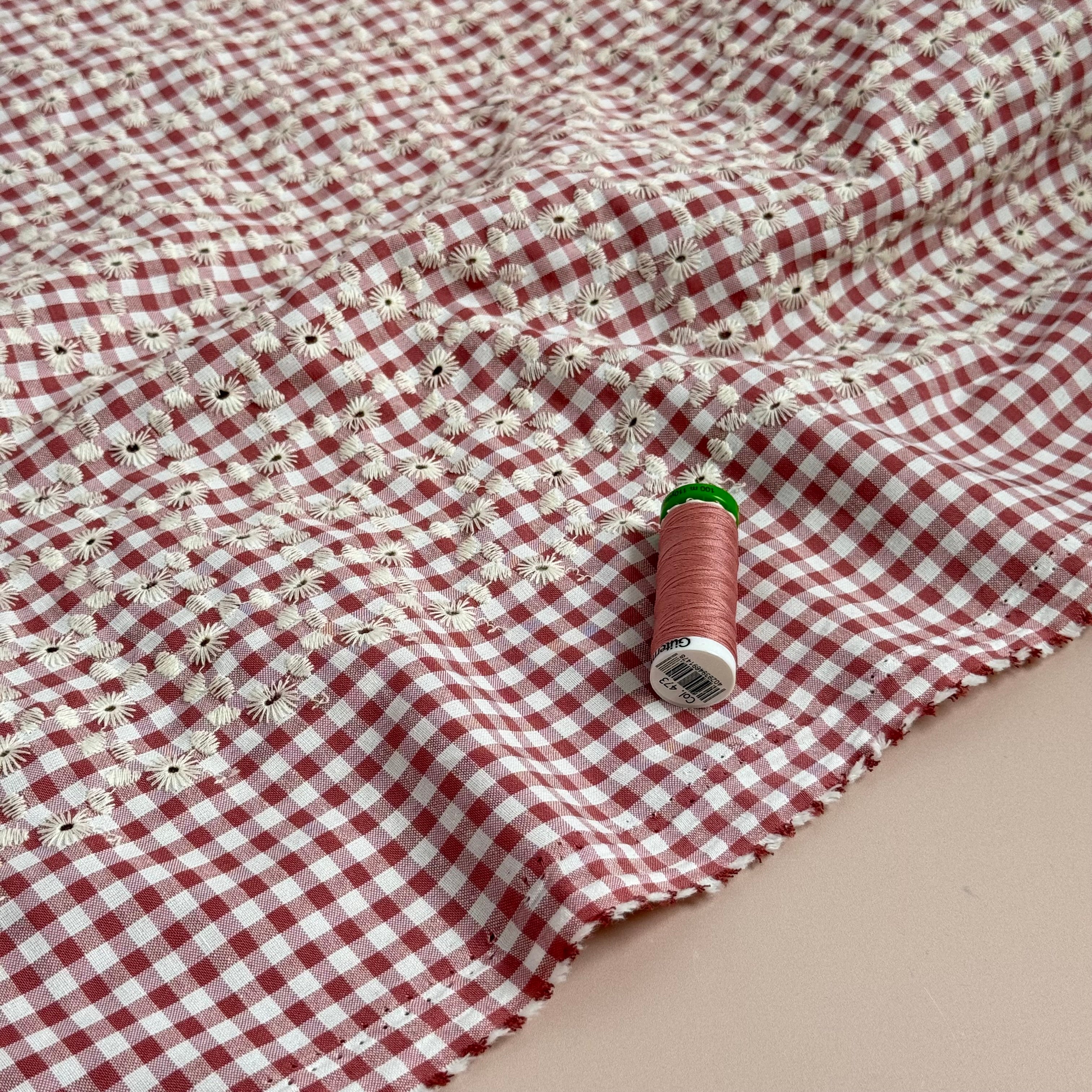 Embroidered Flowers on Pink and White Gingham Fabric