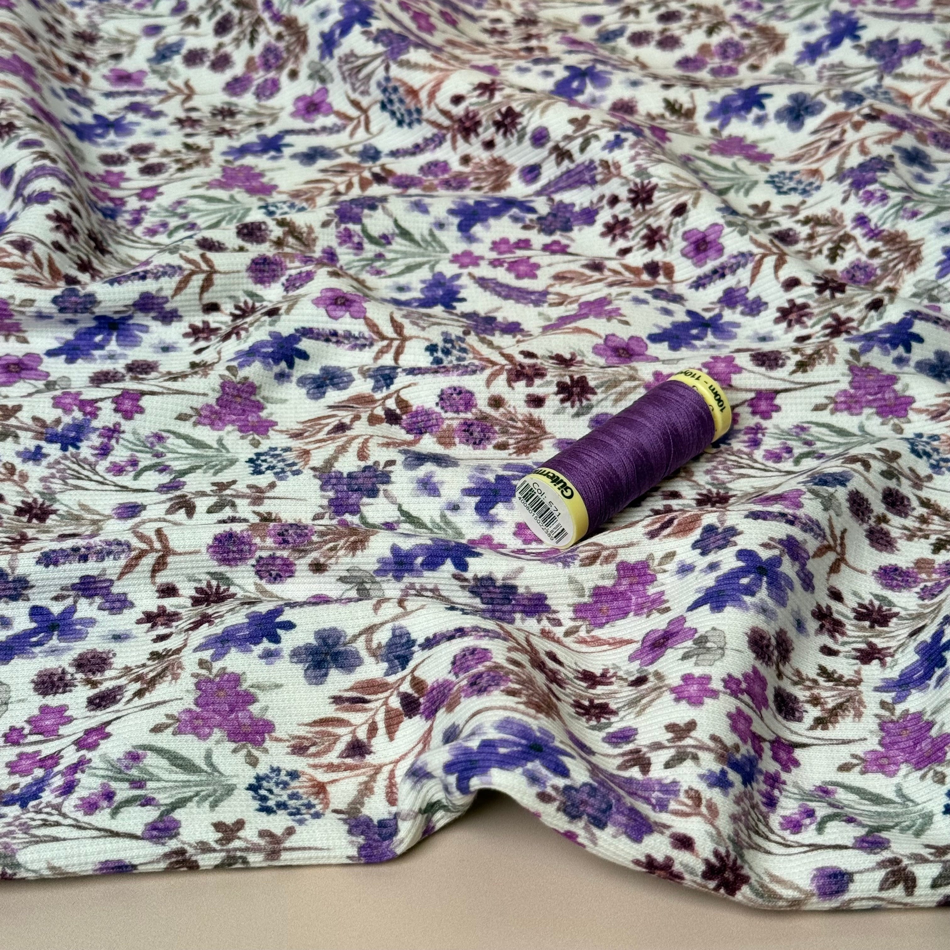 Purple Meadow Flowers Cotton Ribbed Jersey