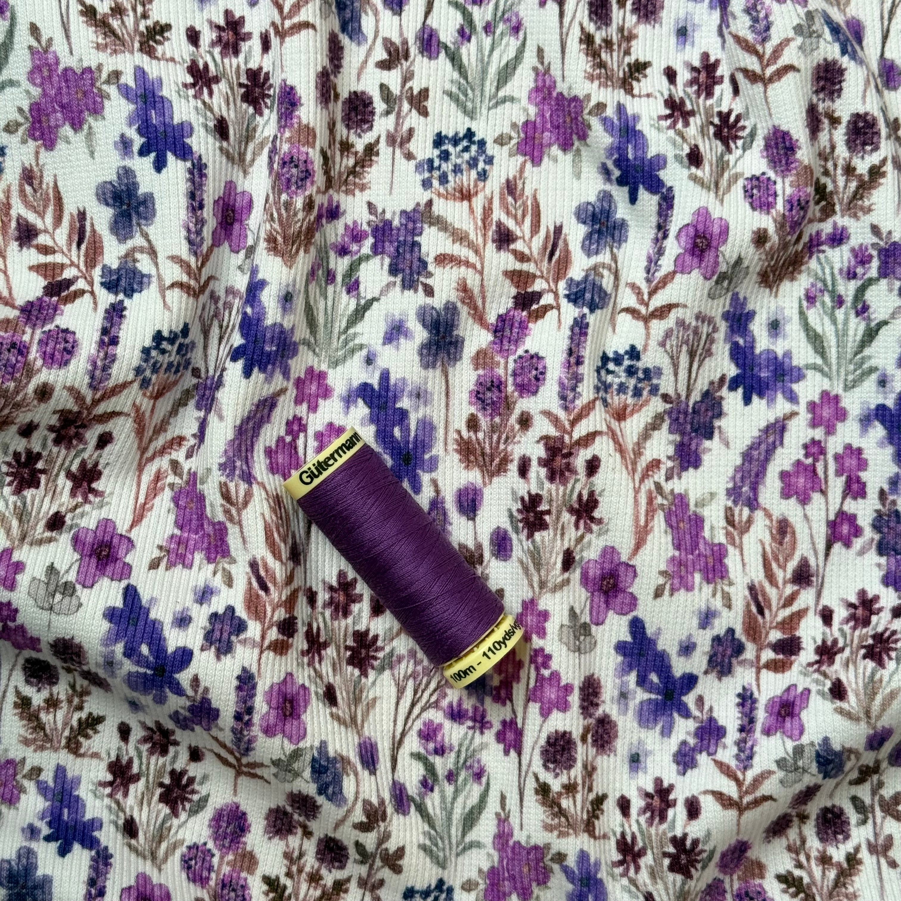 Purple Meadow Flowers Cotton Ribbed Jersey
