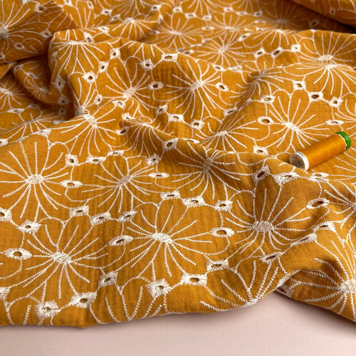 Embroidered Flowers in Mustard Cotton Double Gauze