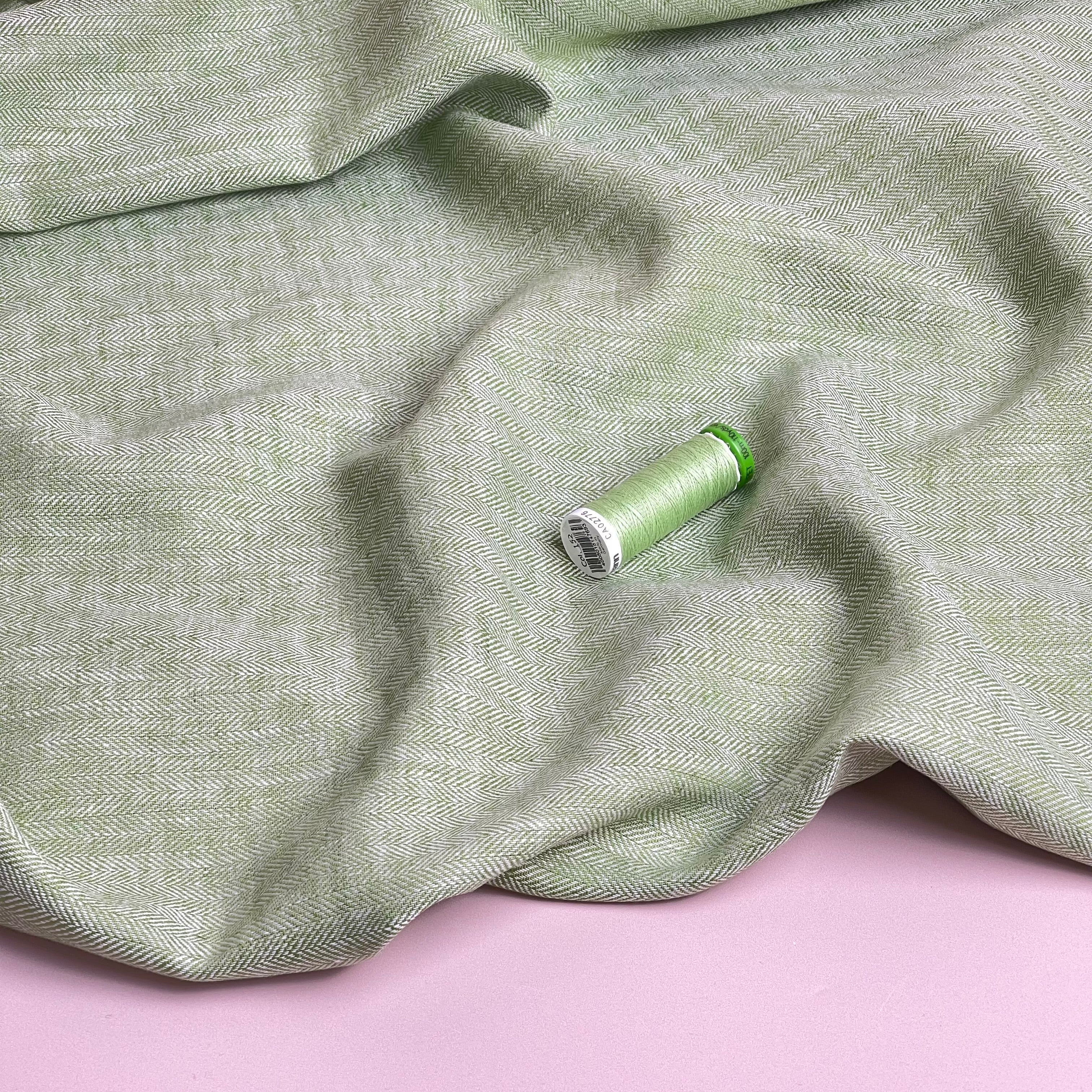 Chevron Fern Green Linen Cotton Twill