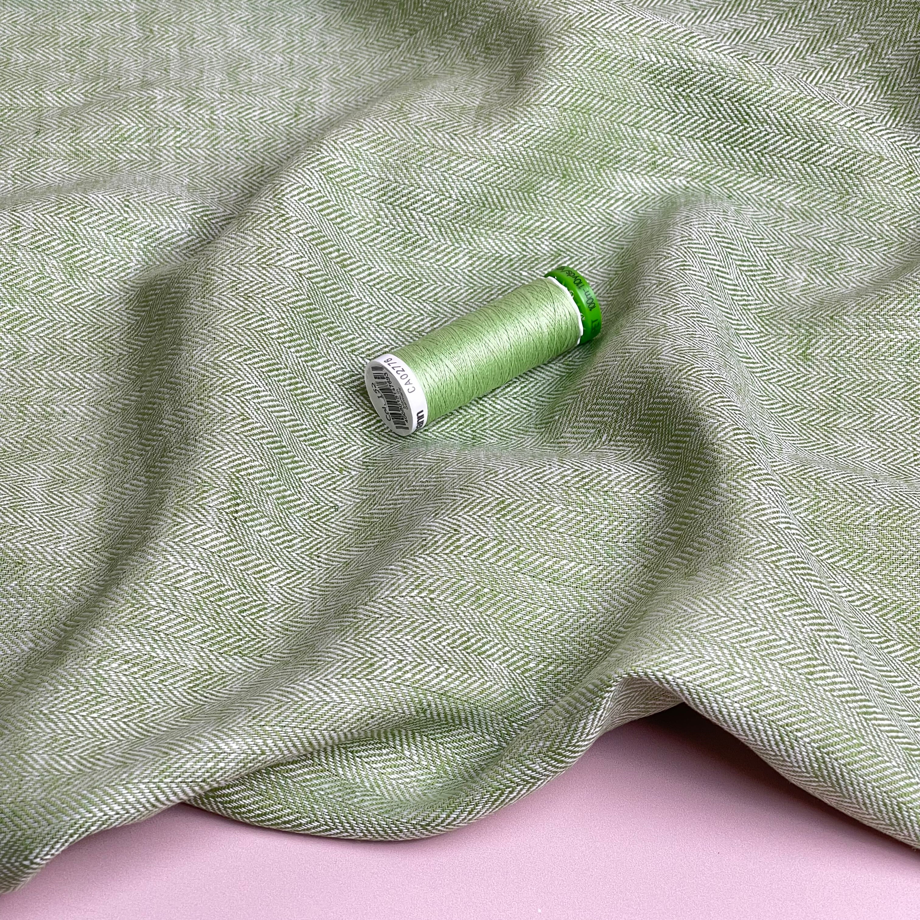 Chevron Fern Green Linen Cotton Twill