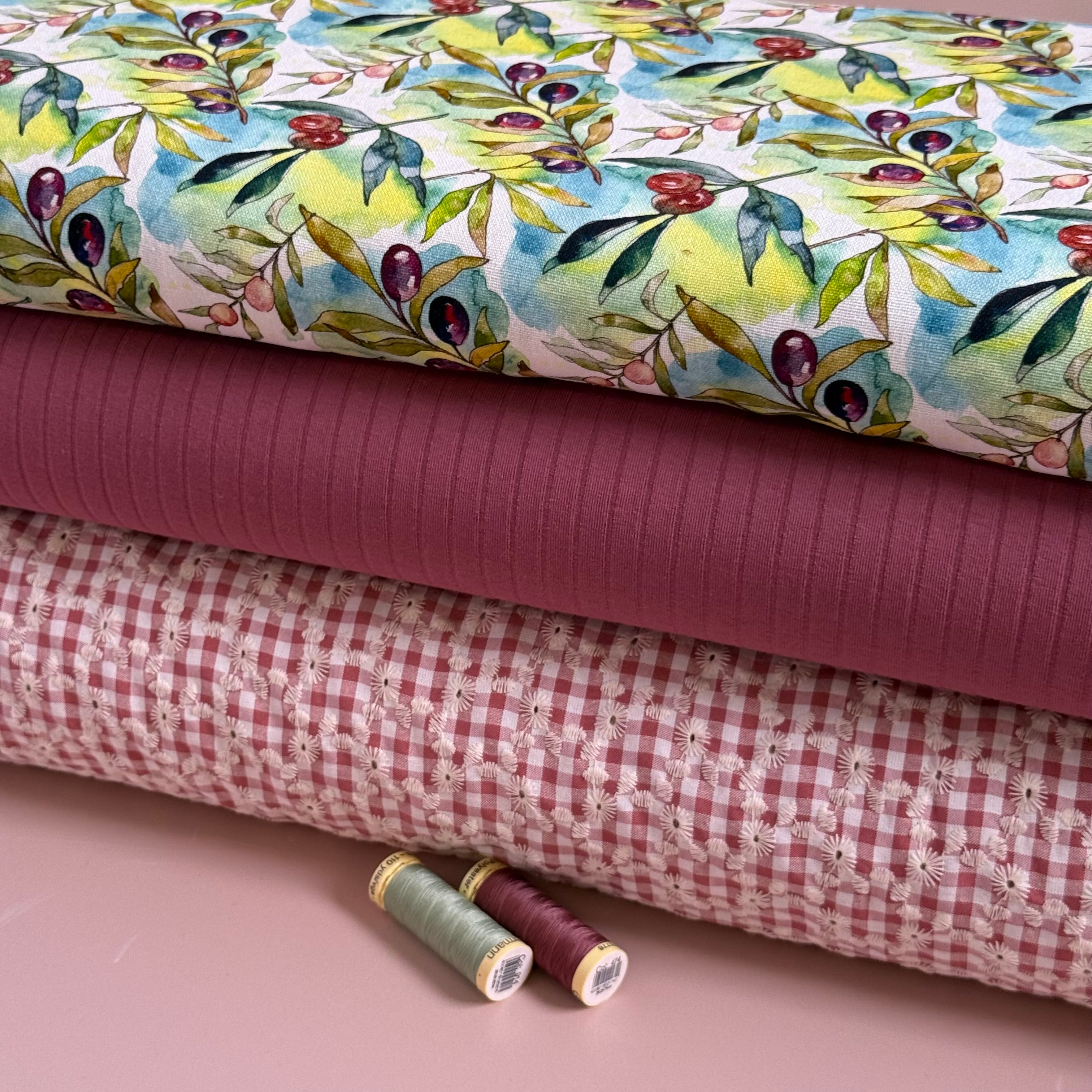 Embroidered Flowers on Pink and White Gingham Fabric