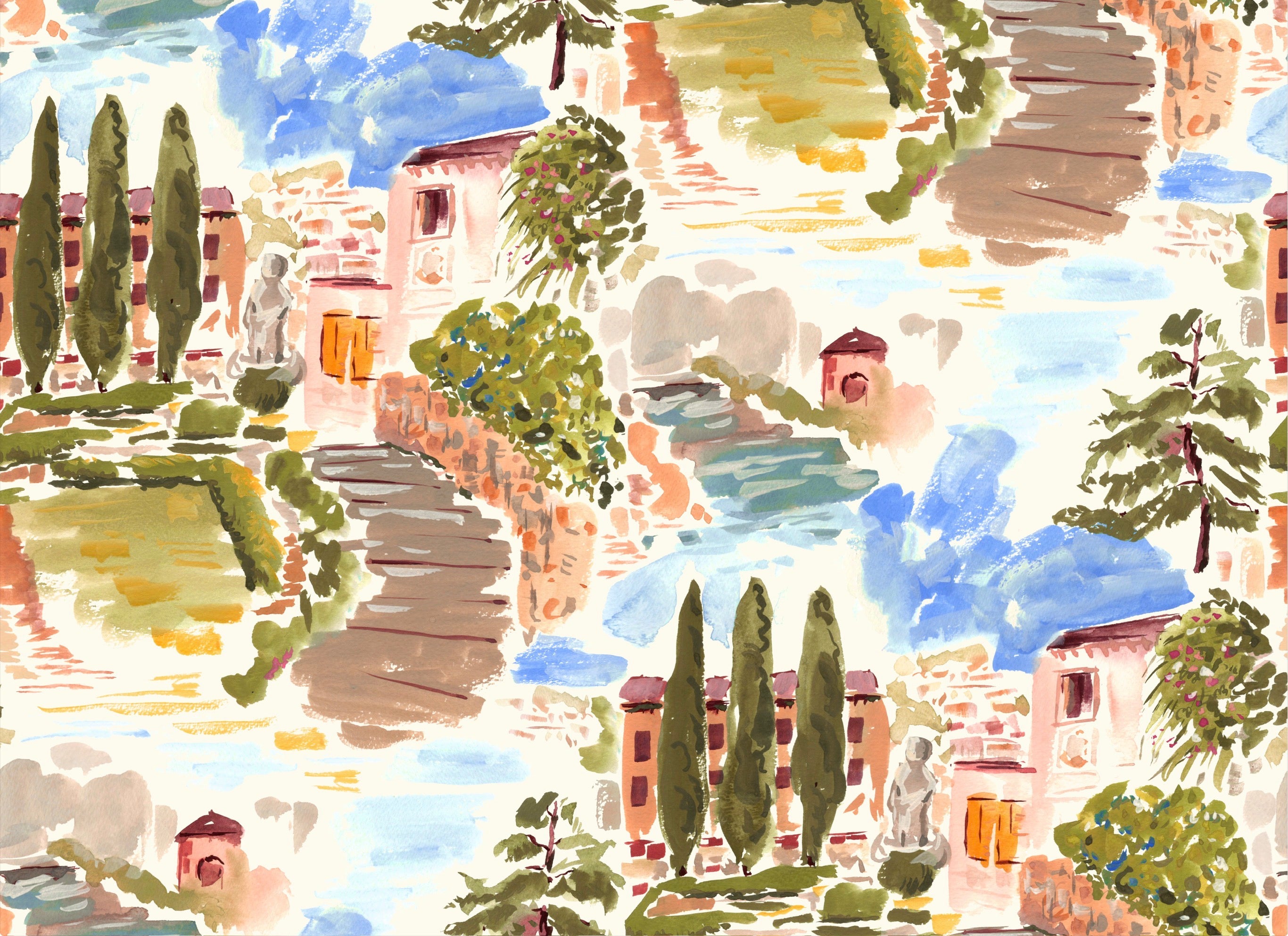 Painted Italian Landscape Viscose Blend Fabric