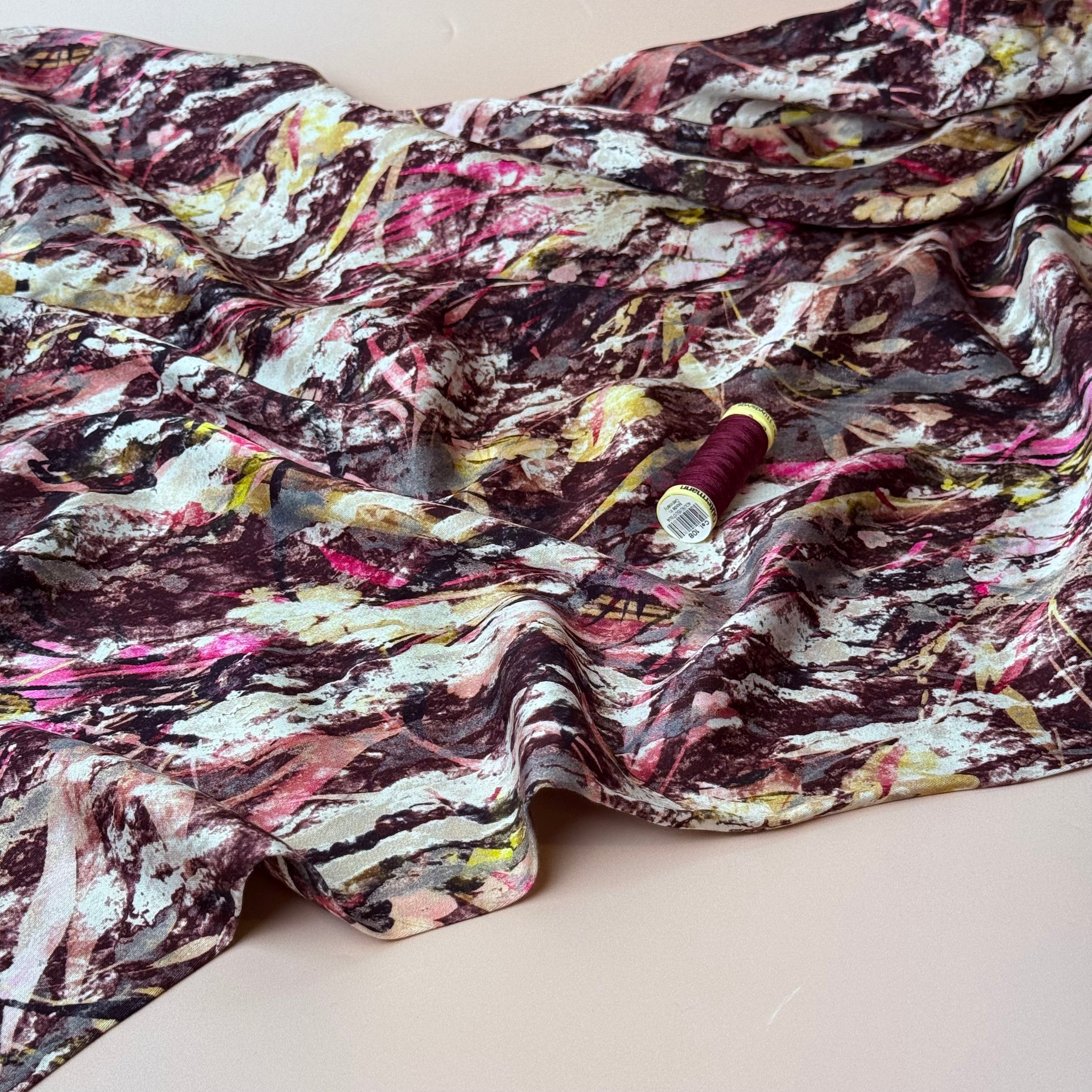 Autumn Foliage Mahogany Viscose Sateen Fabric