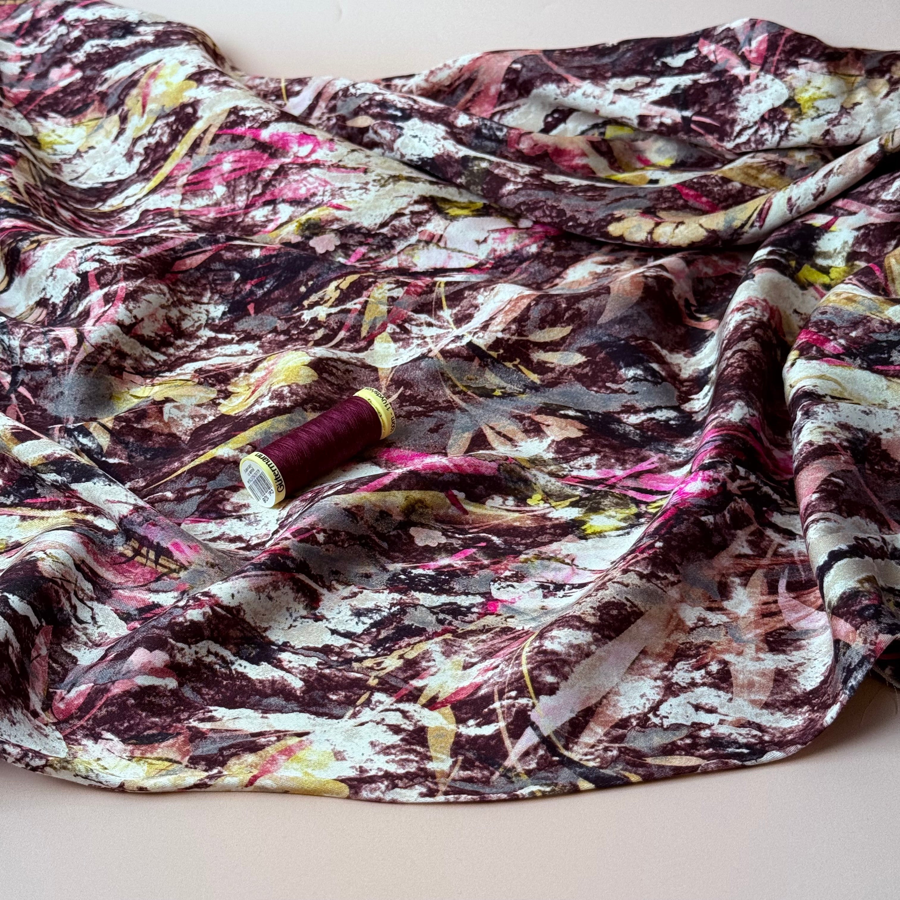 Autumn Foliage Mahogany Viscose Sateen Fabric