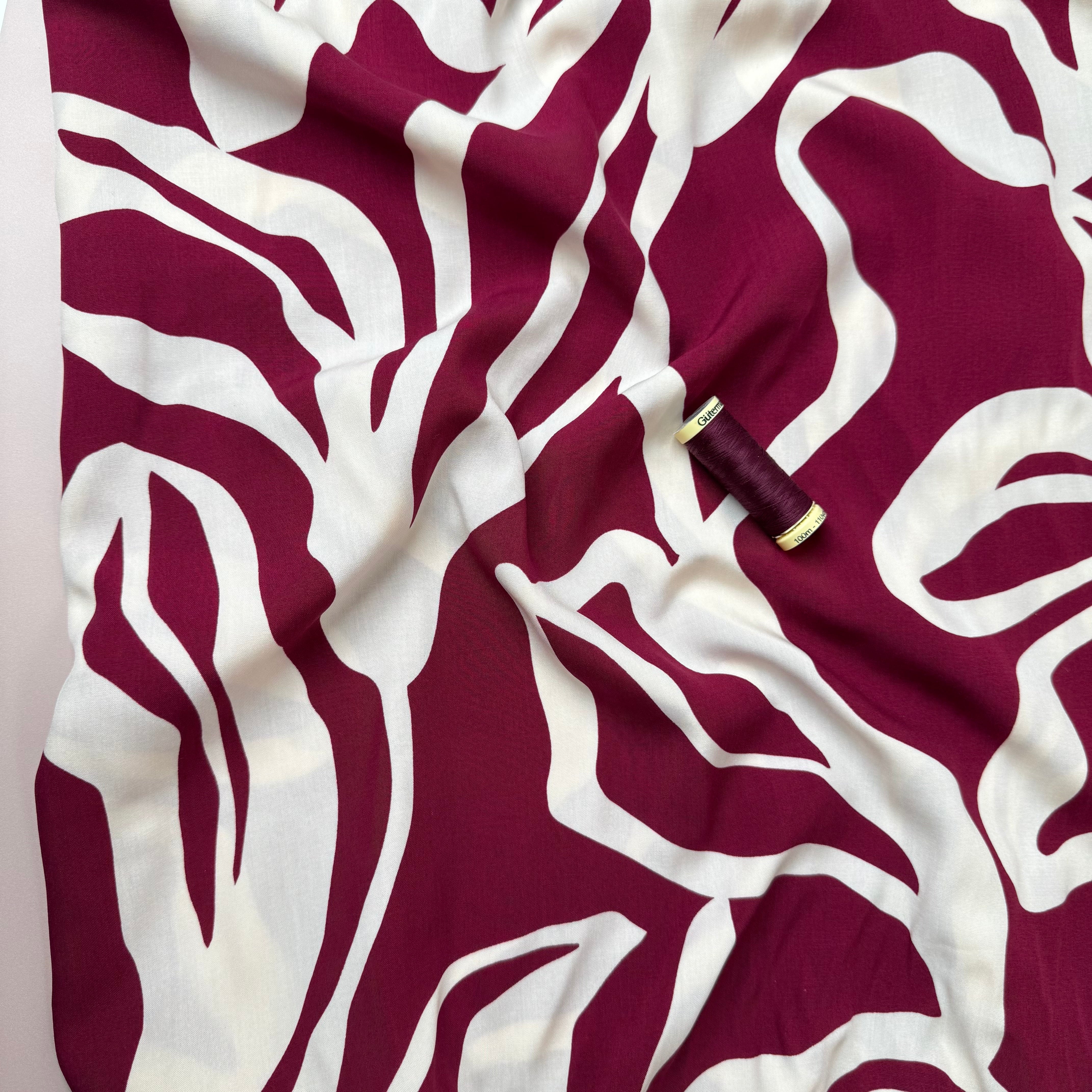 Abstract Floral Magenta Viscose Poplin Fabric