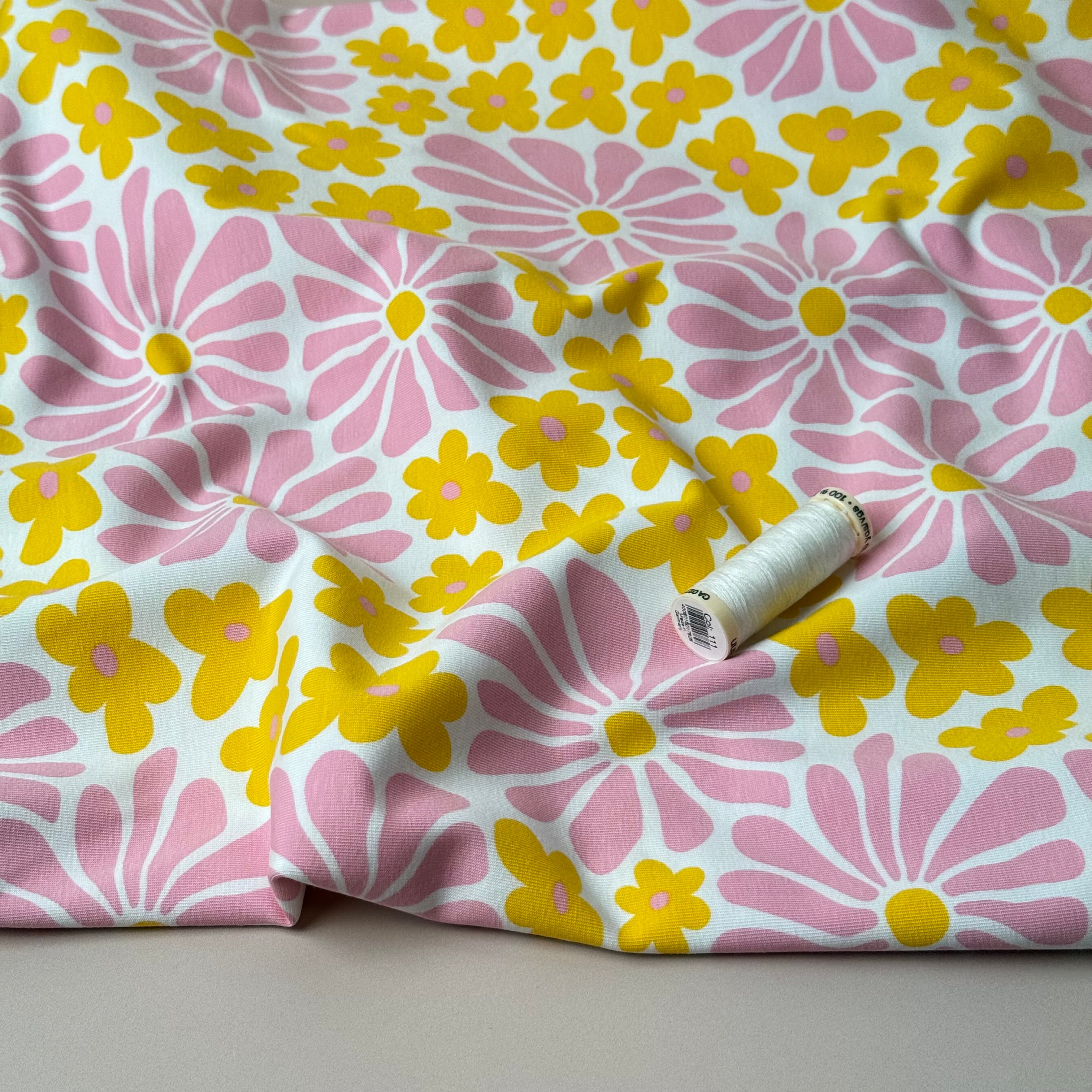 Retro Flowers in Pink and Yellow Cotton Jersey Fabric