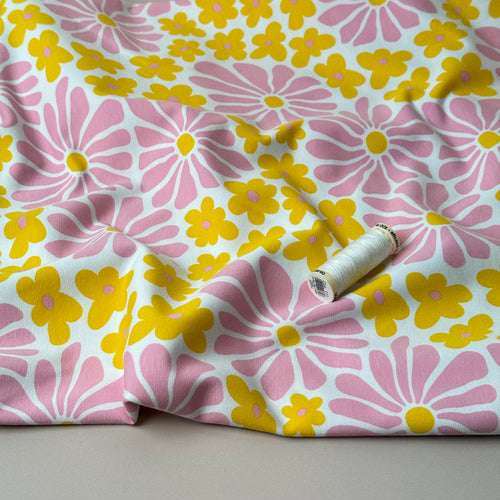 Retro Flowers in Pink and Yellow Cotton Jersey Fabric
