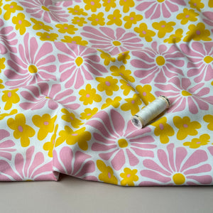 Retro Flowers in Pink and Yellow Cotton Jersey Fabric