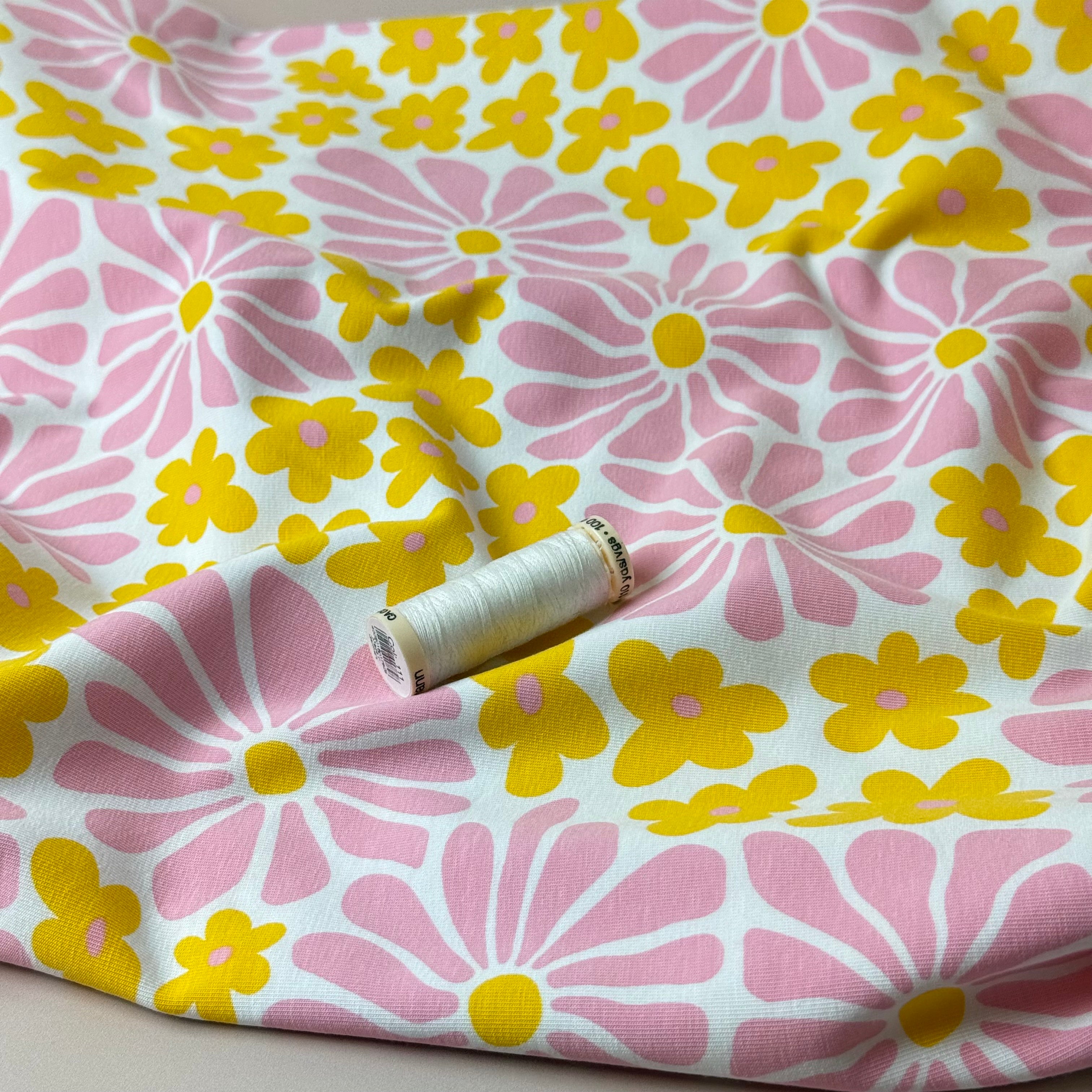 Retro Flowers in Pink and Yellow Cotton Jersey Fabric