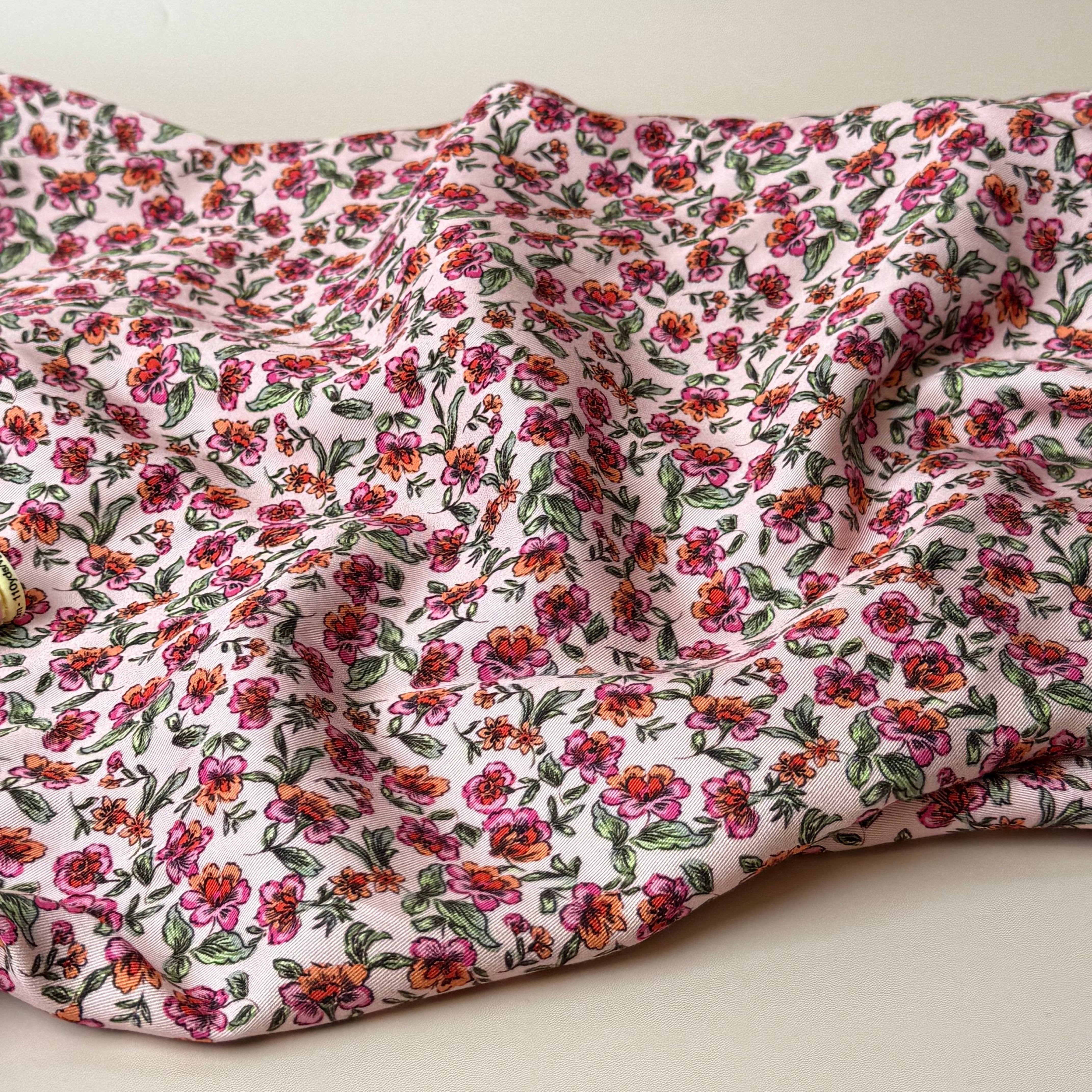 Floral Pink Carnations Viscose Satin Twill Fabric