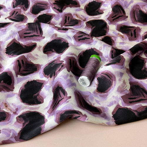 Lilac and Deep Purple Abstract Shapes Spun Viscose Satin Fabric