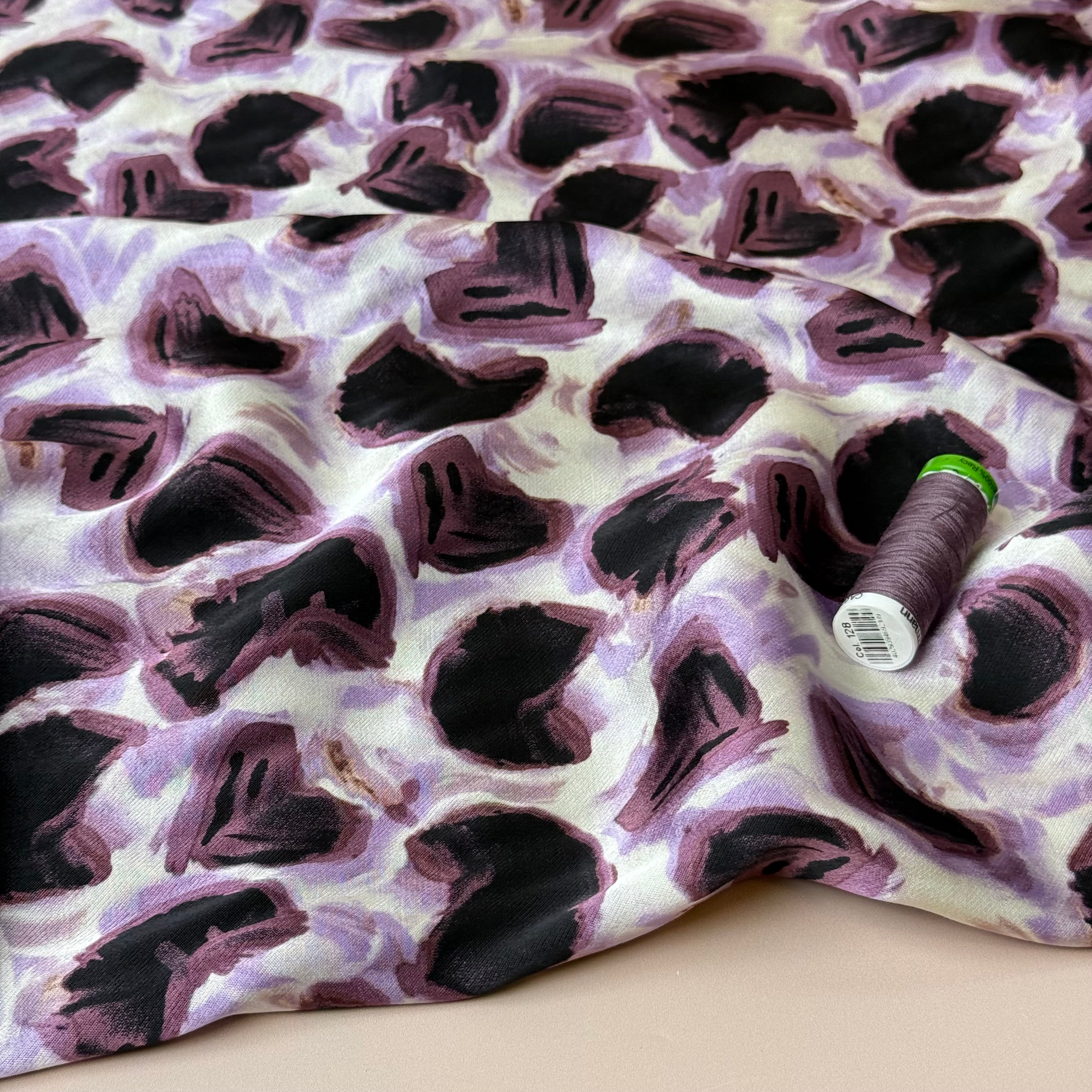 Lilac and Deep Purple Abstract Shapes Spun Viscose Satin Fabric