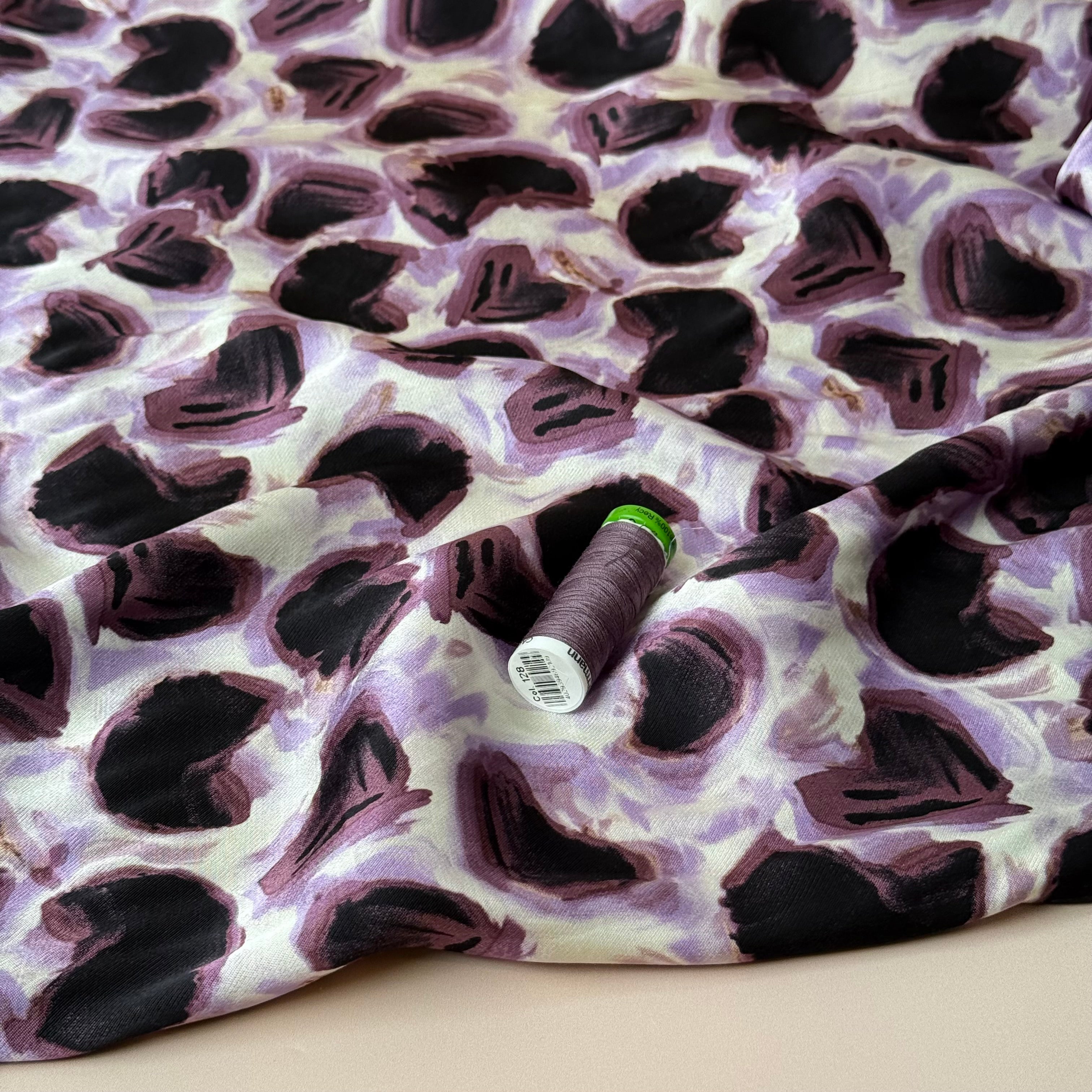 Lilac and Deep Purple Abstract Shapes Spun Viscose Satin Fabric