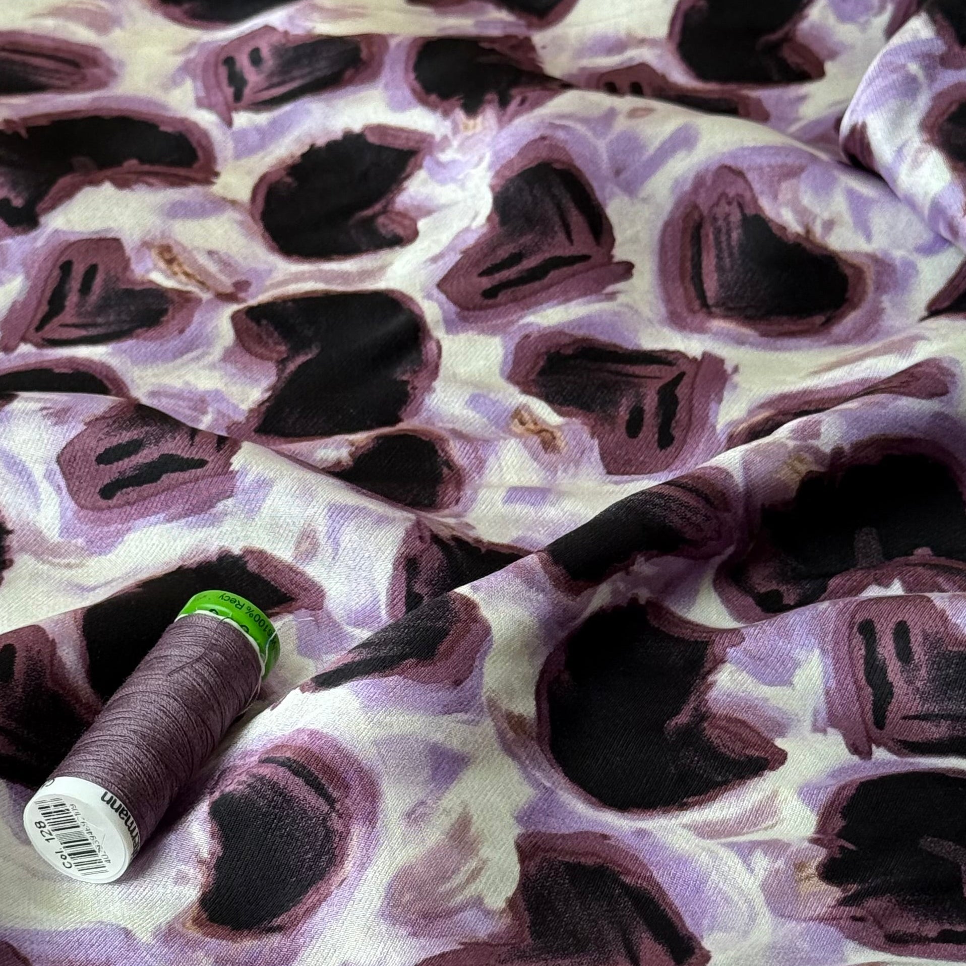 Lilac and Deep Purple Abstract Shapes Spun Viscose Satin Fabric