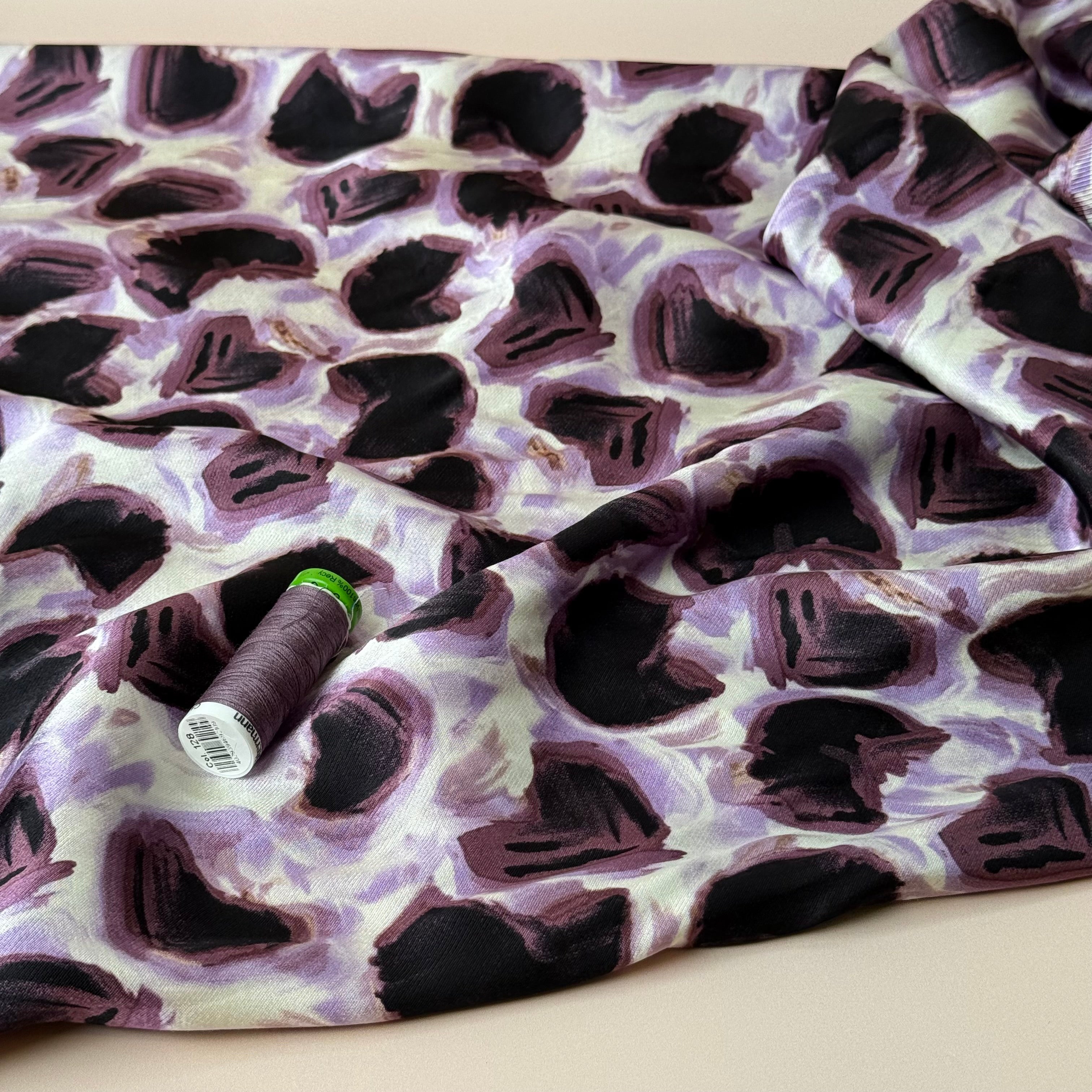 Lilac and Deep Purple Abstract Shapes Spun Viscose Satin Fabric